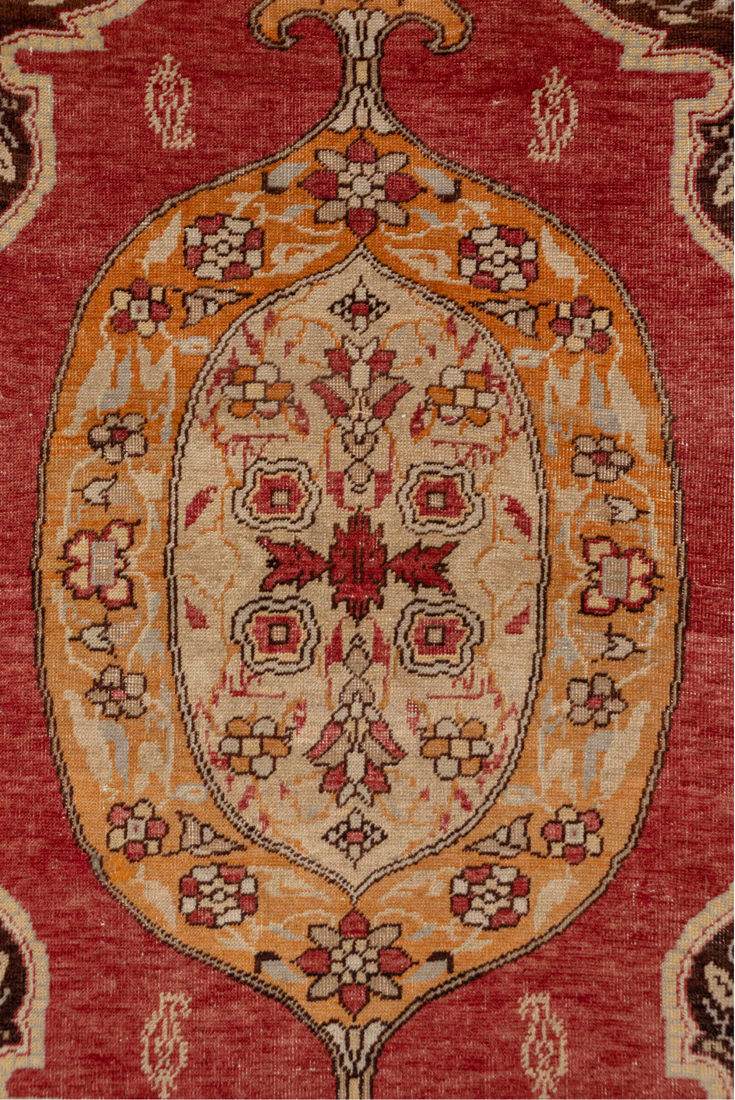 4' x 6' one-of-a-kind handmade vintage Oushak small size rug. Color palette: ivory, rust, burgundy, gold, brown, camel