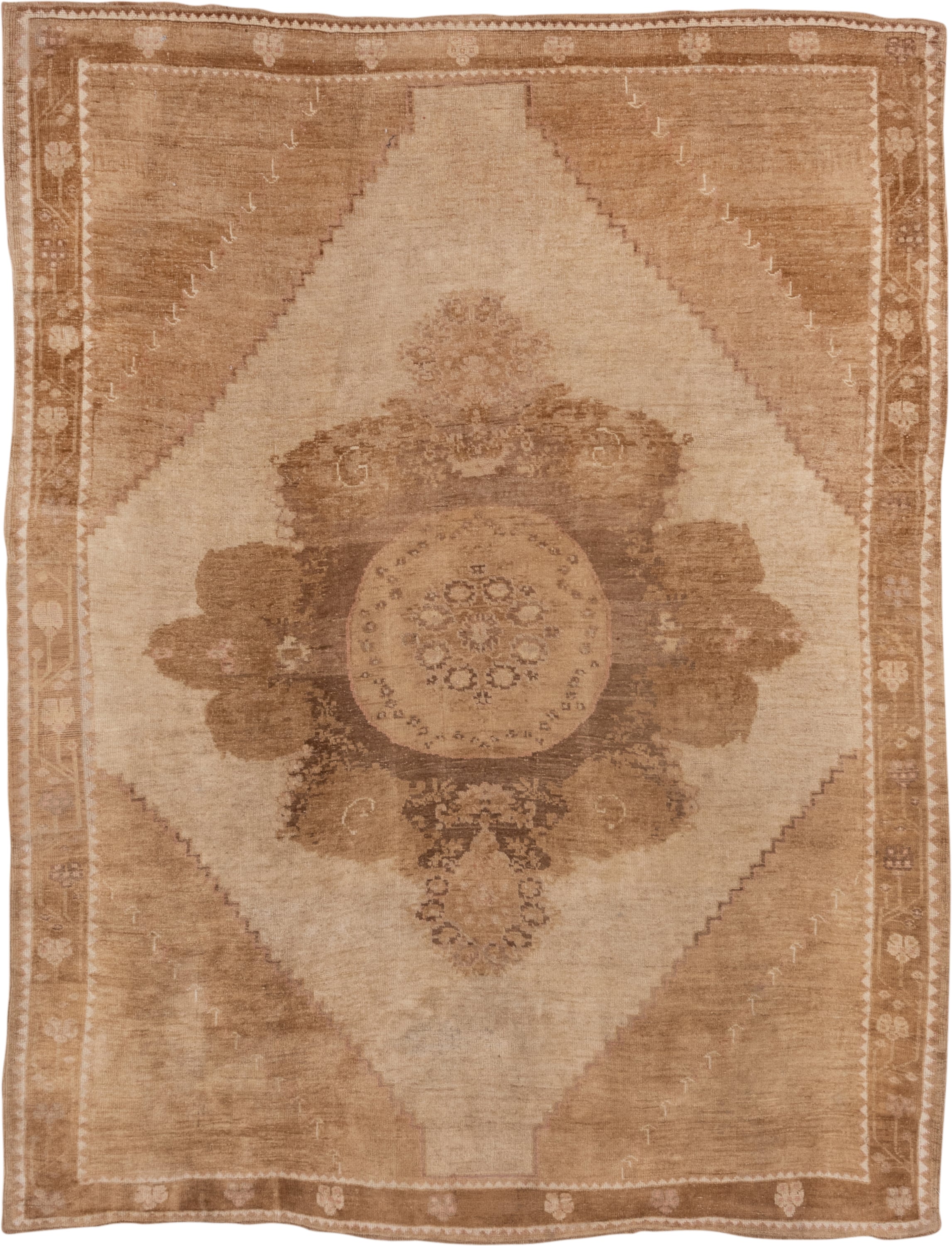 7' x 9' one-of-a-kind handmade vintage Oushak rug. Color palette: camel, ivory, taupe, beige, tan, brown, gray