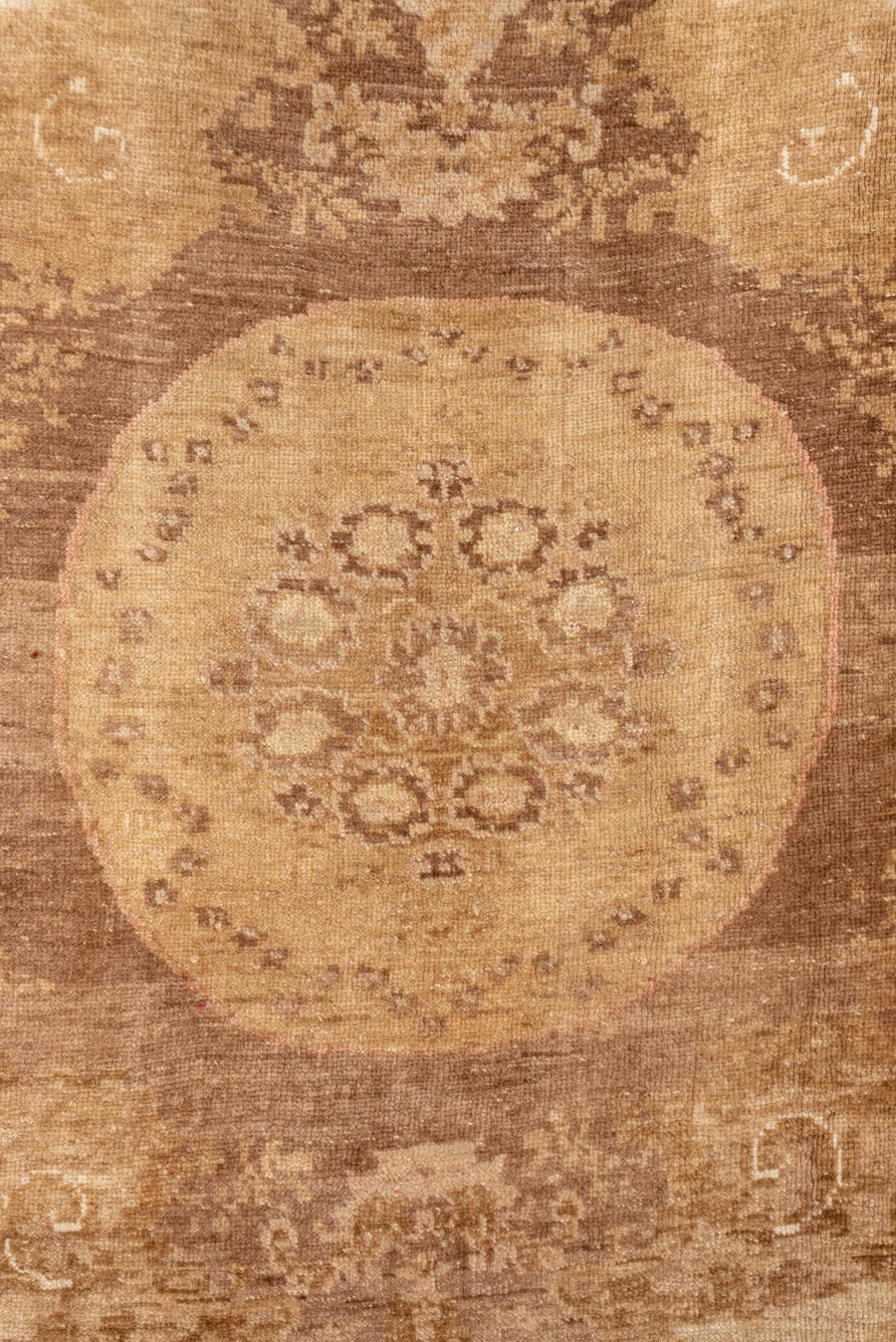 7' x 9' one-of-a-kind handmade vintage Oushak rug. Color palette: camel, ivory, taupe, beige, tan, brown, gray