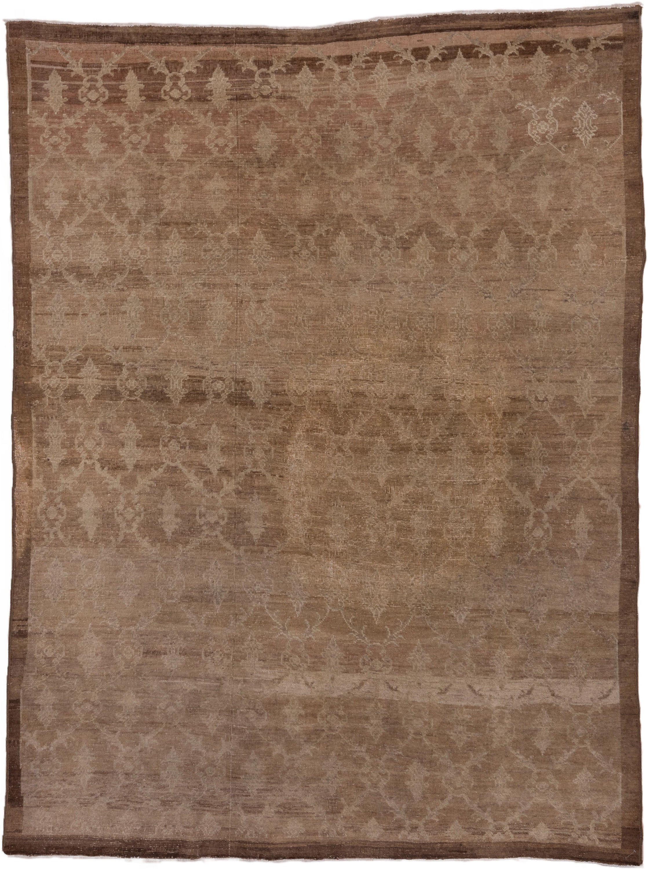 6' x 9' one-of-a-kind handmade vintage Oushak medium size rug. Color palette: taupe, camel, brown, beige, ivory, gray