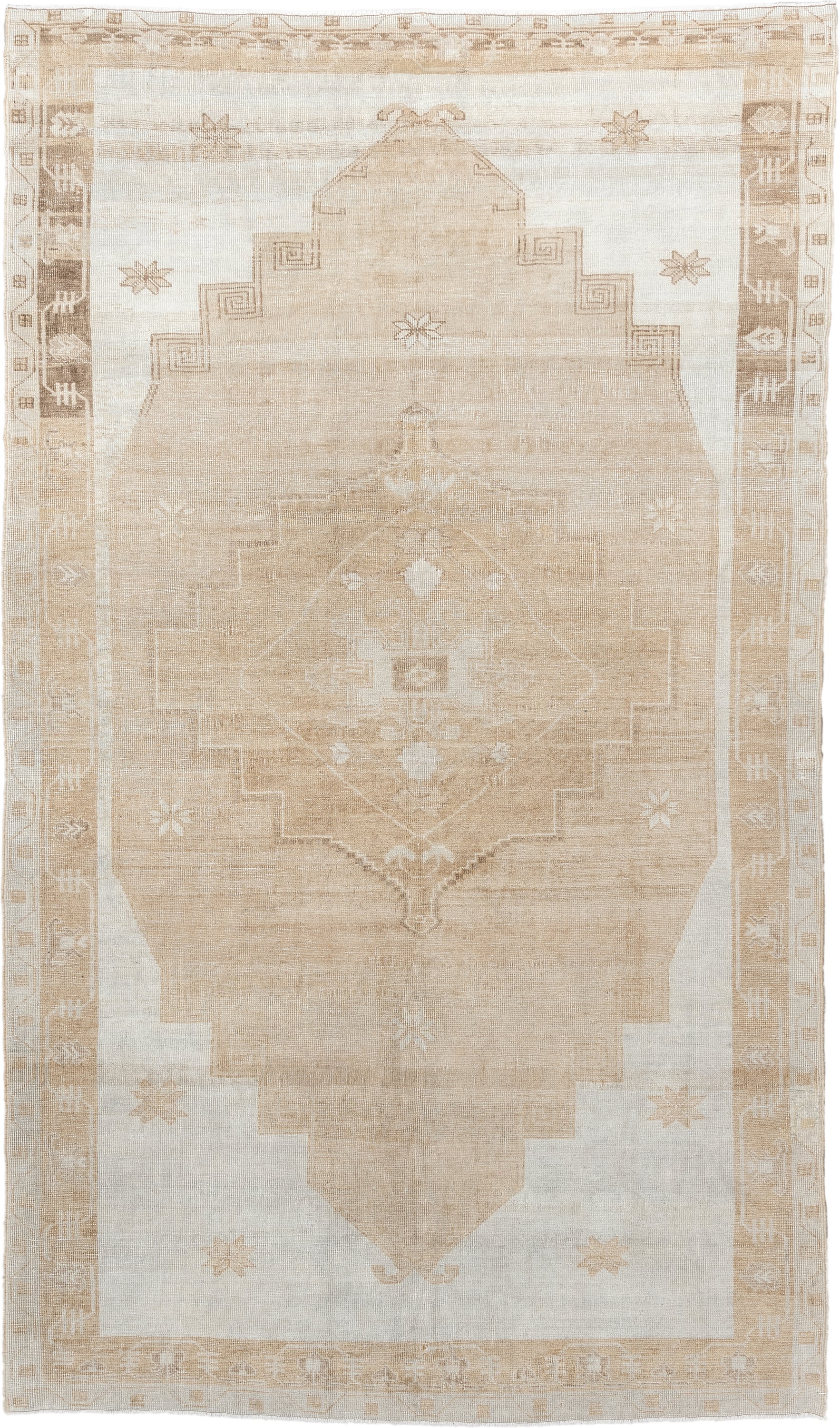 5' x 9' one-of-a-kind handmade vintage Oushak large size rug. Color palette: ivory, camel, beige, taupe, sand, gray