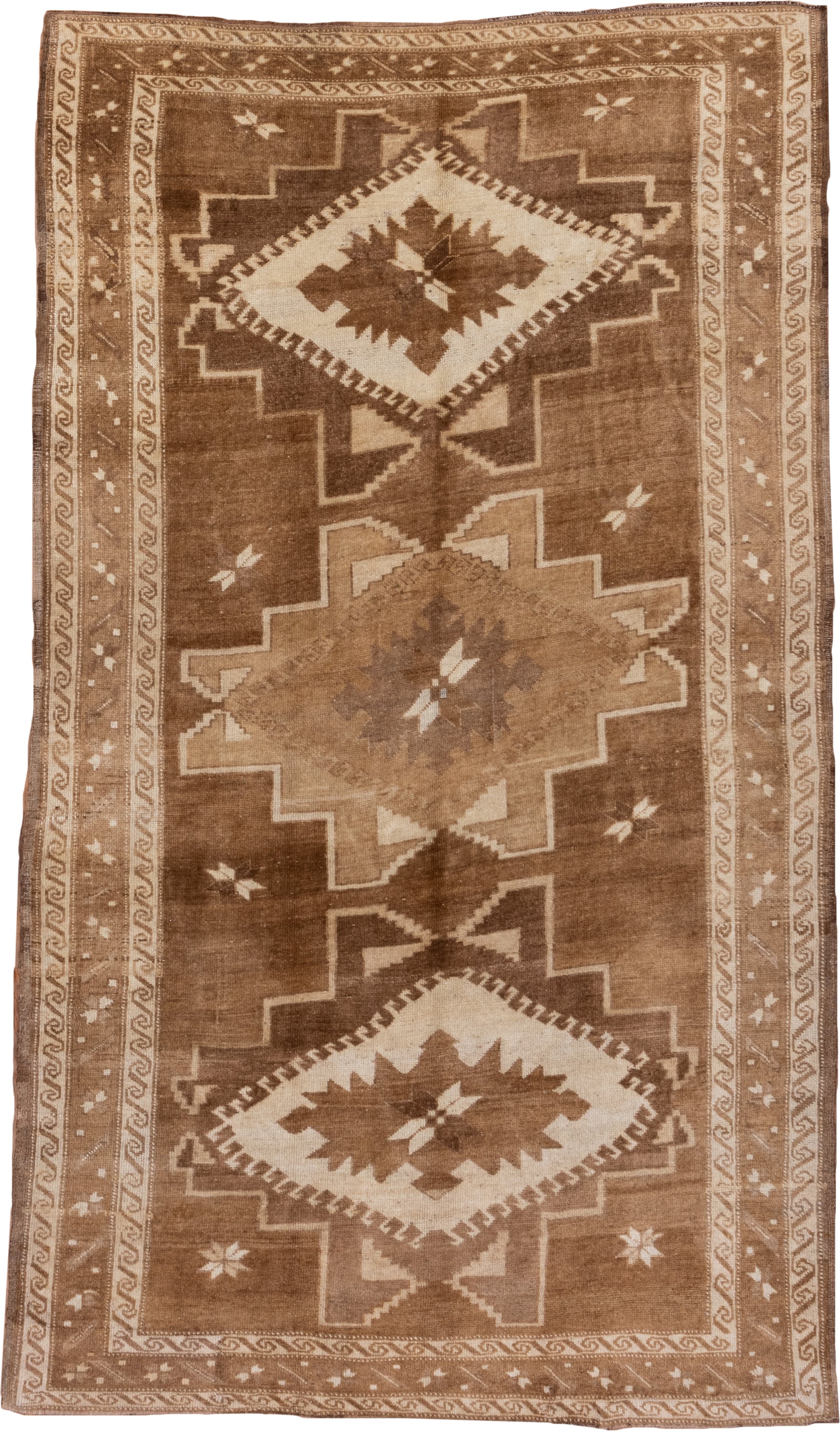 5' x 9' one-of-a-kind handmade vintage Oushak medium size rug. Color palette: camel, taupe, ivory, tan, brown, beige, gray