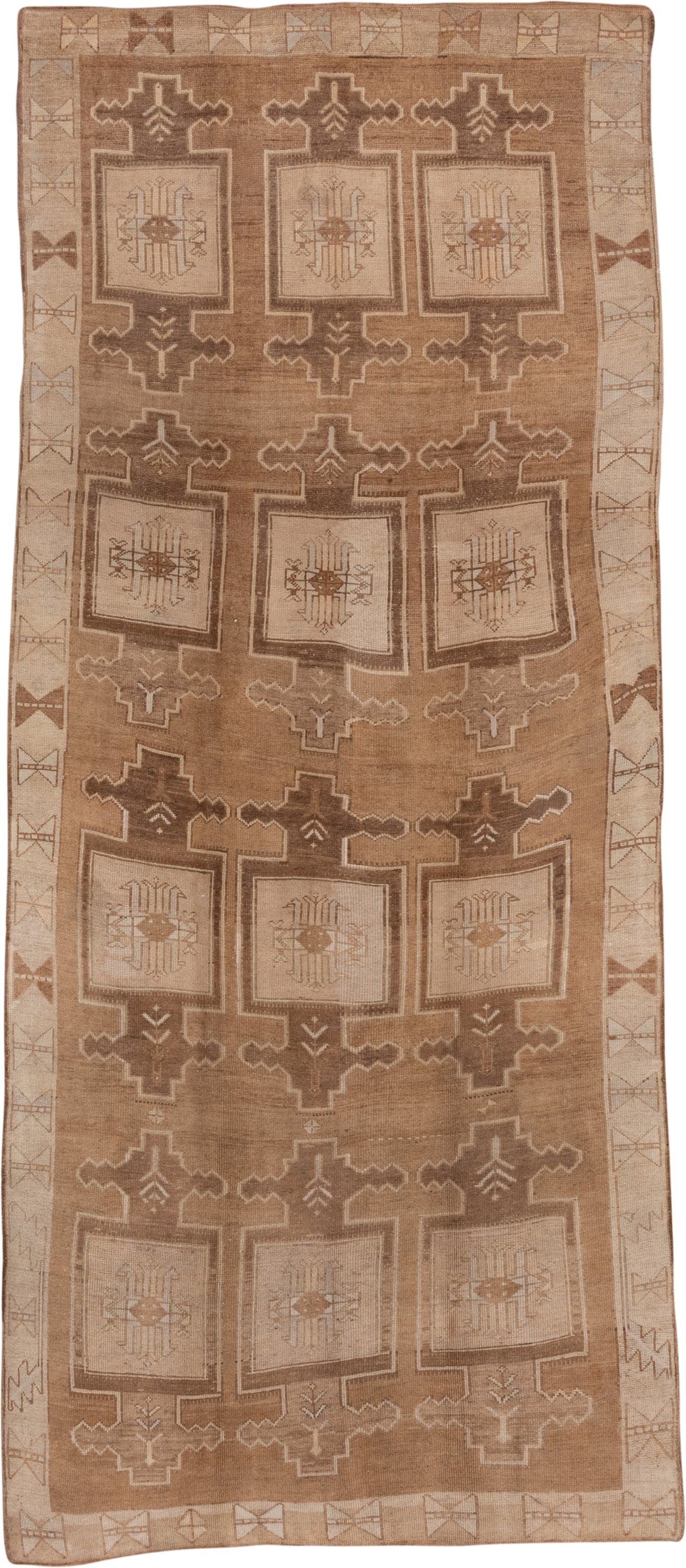 6' x 15' one-of-a-kind handmade vintage Oushak rug. Color palette: camel, taupe, ivory, beige, sand, light brown, gray