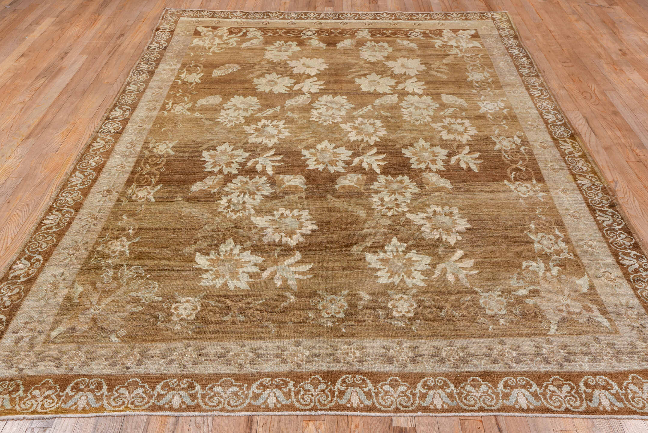 7' x 10' one-of-a-kind handmade vintage Oushak large size rug. Color palette: taupe, ivory, camel, beige, sand, brown, gray