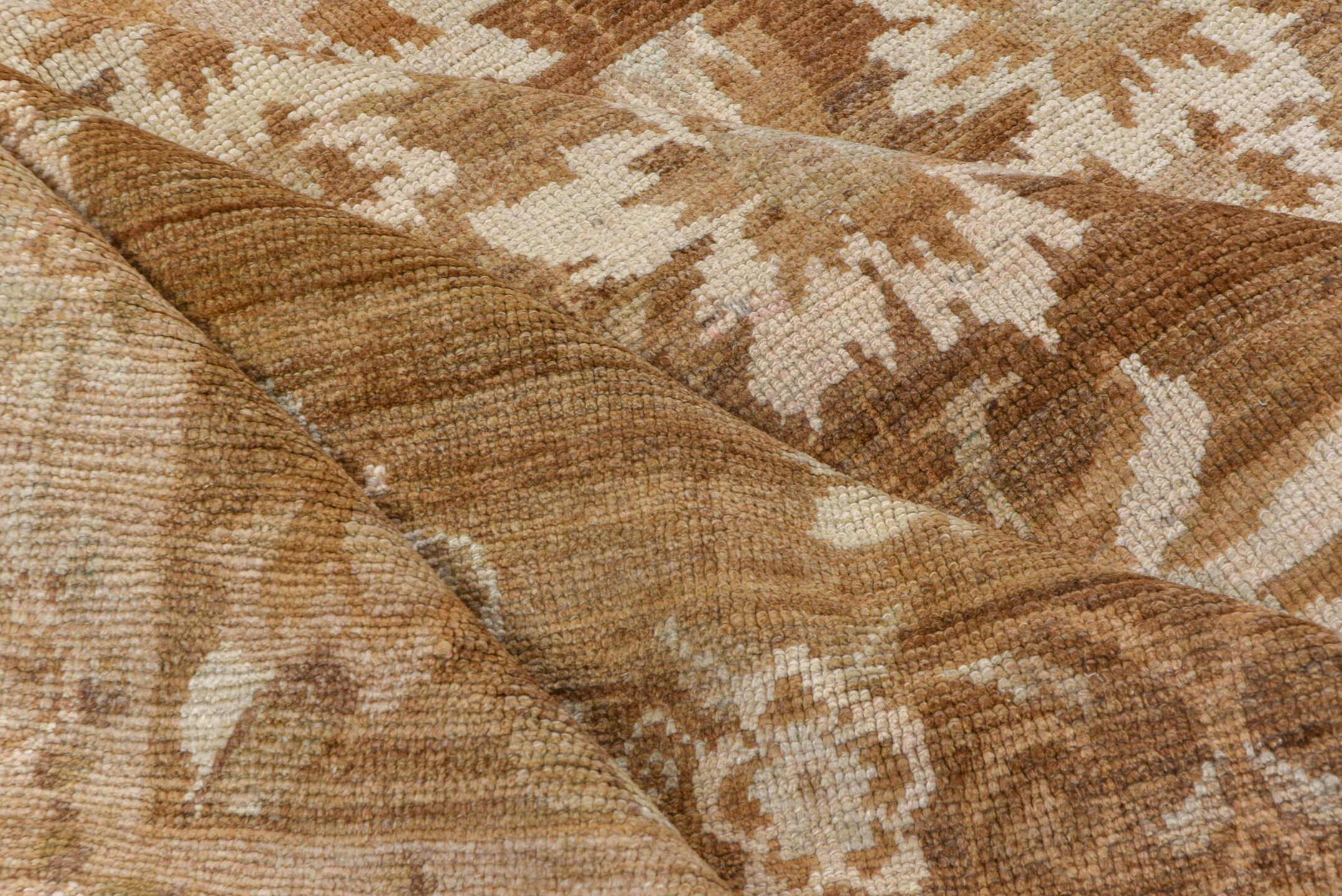 7' x 10' one-of-a-kind handmade vintage Oushak large size rug. Color palette: taupe, ivory, camel, beige, sand, brown, gray