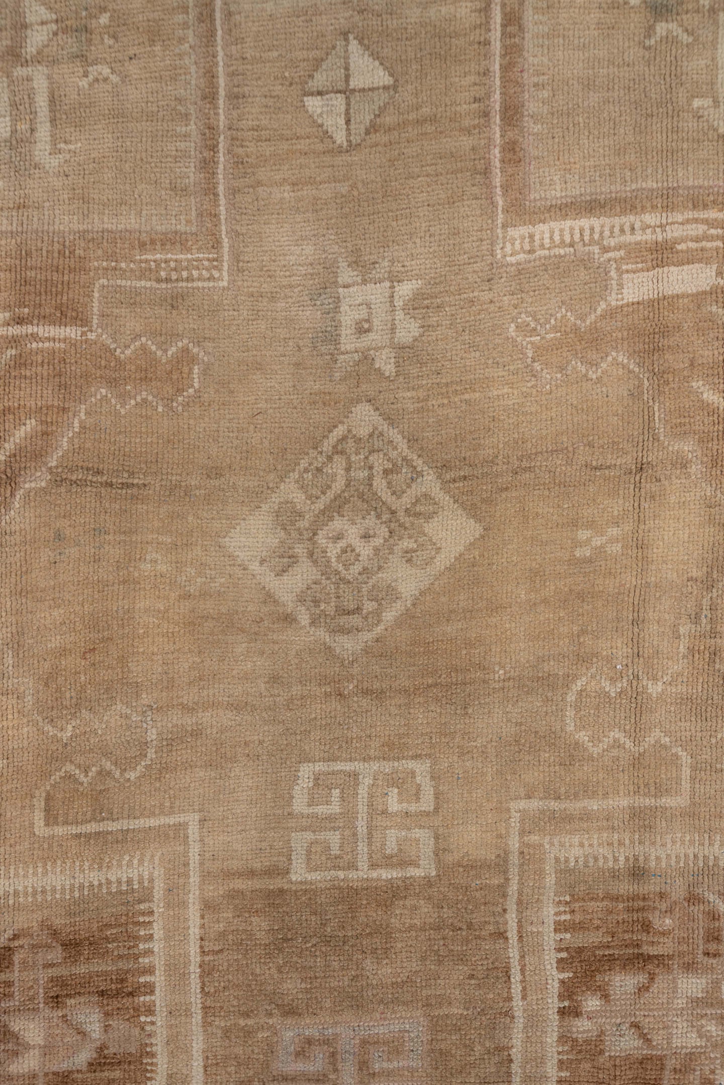 6' x 14' one-of-a-kind handmade vintage Oushak large size rug. Color palette: camel, taupe, beige, ivory, sand, light brown