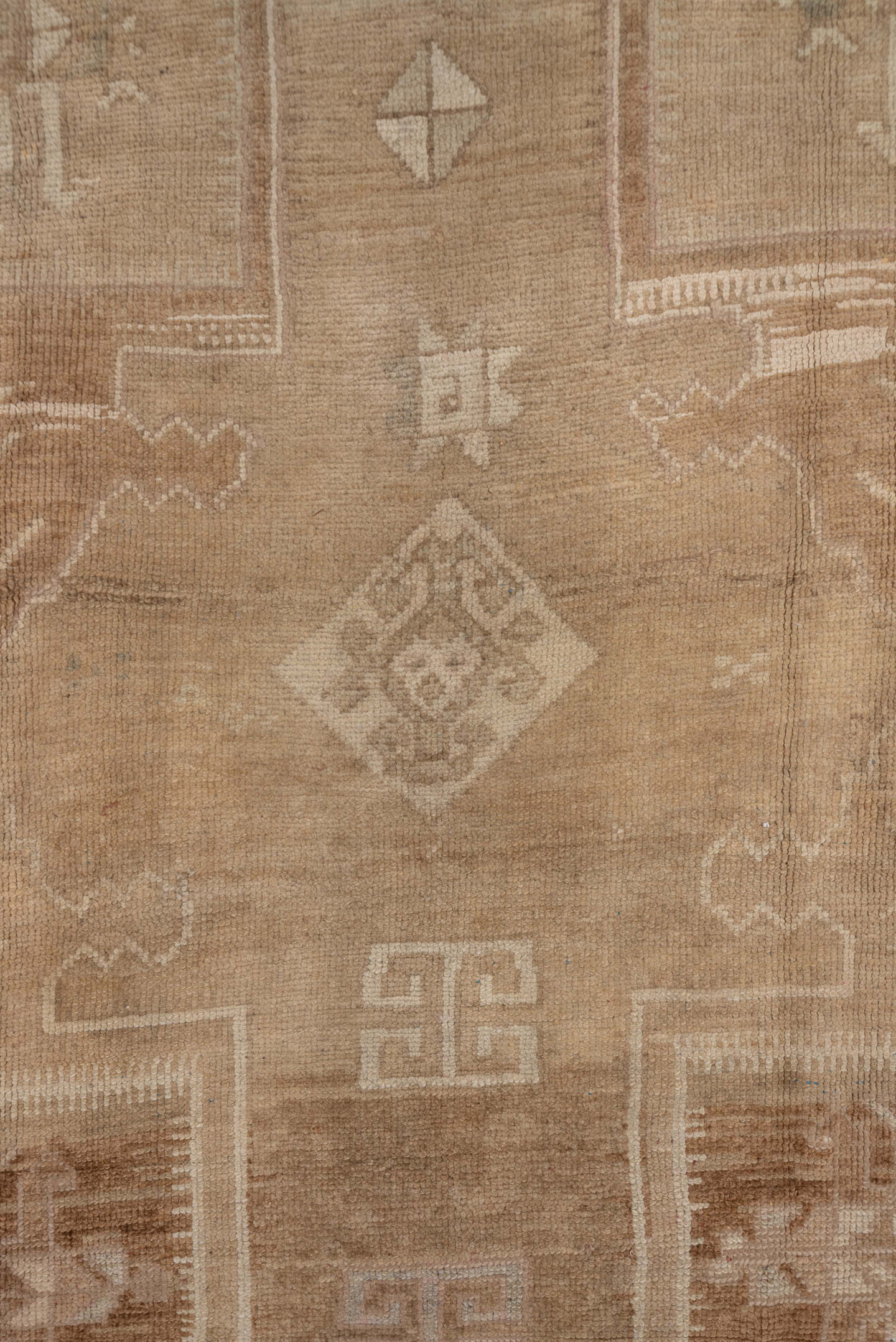 6' x 14' one-of-a-kind handmade vintage Oushak large size rug. Color palette: camel, taupe, beige, ivory, sand, light brown