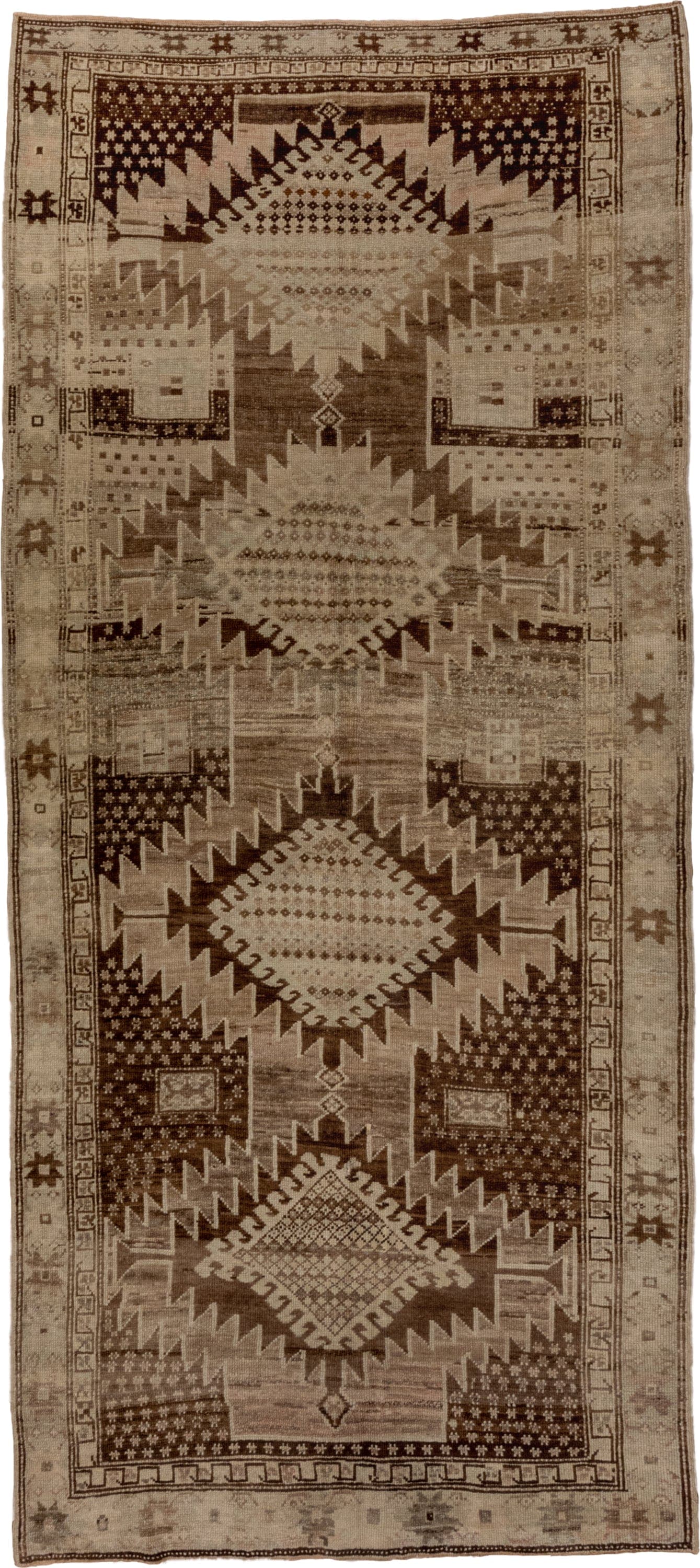 5' x 11' one-of-a-kind handmade vintage Oushak runner rug. Color palette: taupe, brown, ivory, camel, charcoal, beige, gray