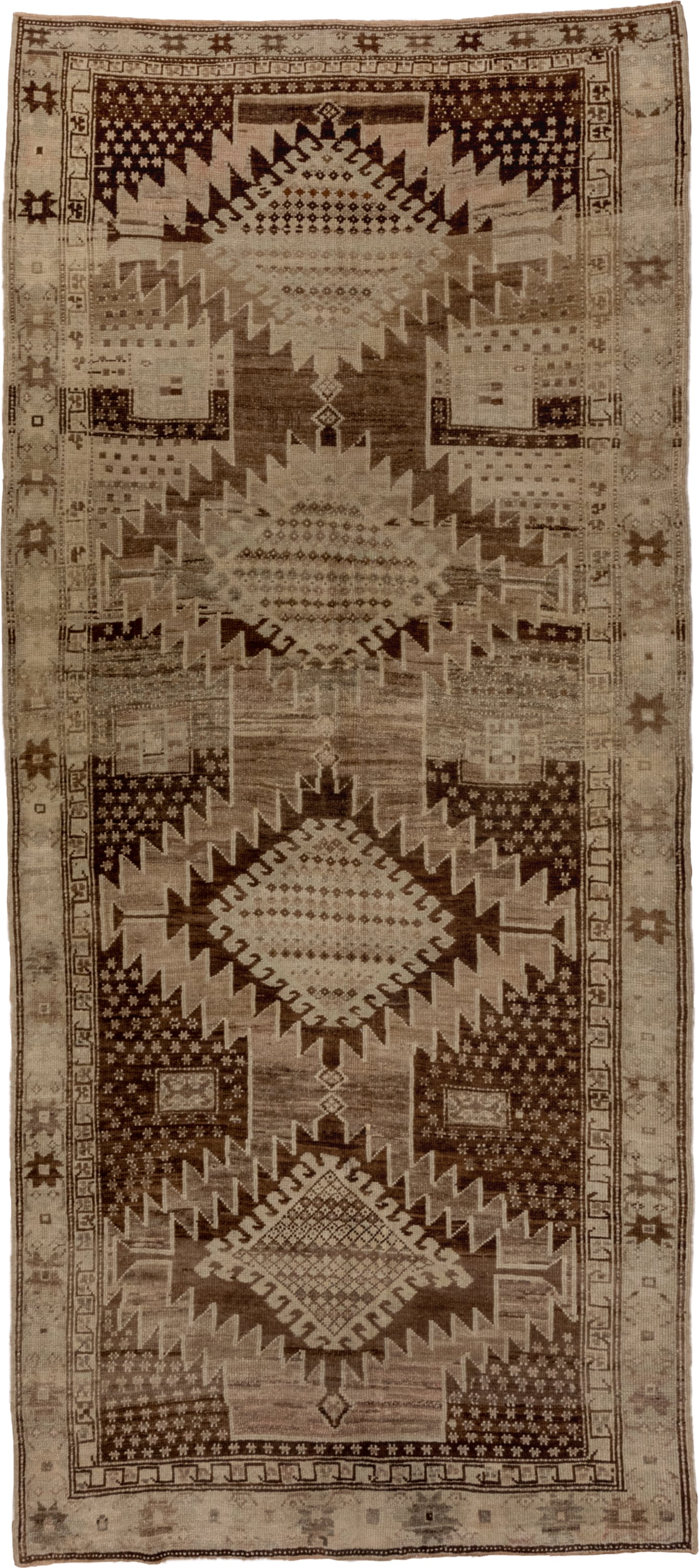 5' x 11' one-of-a-kind handmade vintage Oushak runner rug. Color palette: taupe, brown, ivory, camel, charcoal, beige, gray