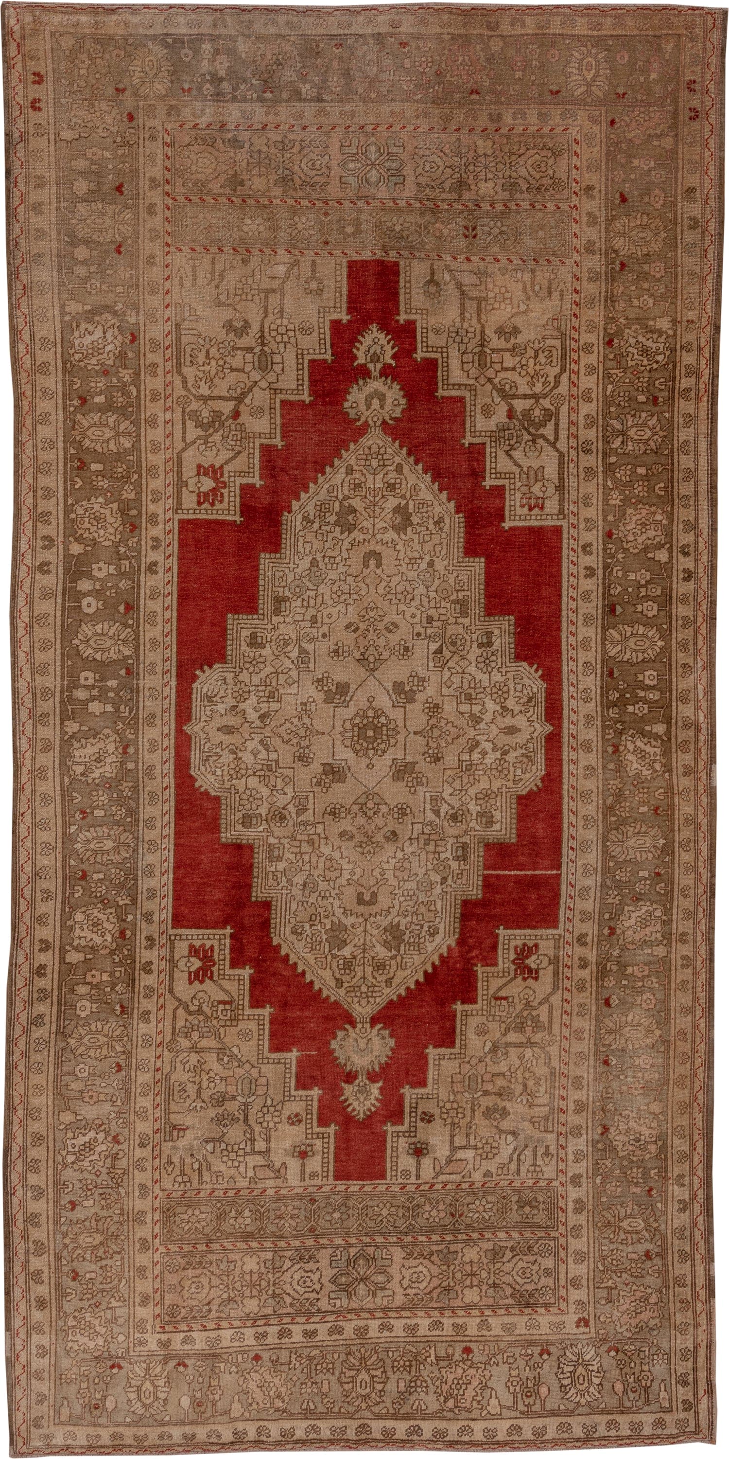 6' x 12' one-of-a-kind handmade vintage Oushak large size rug. Color palette: taupe, terra cotta, beige, ivory, brown, rust