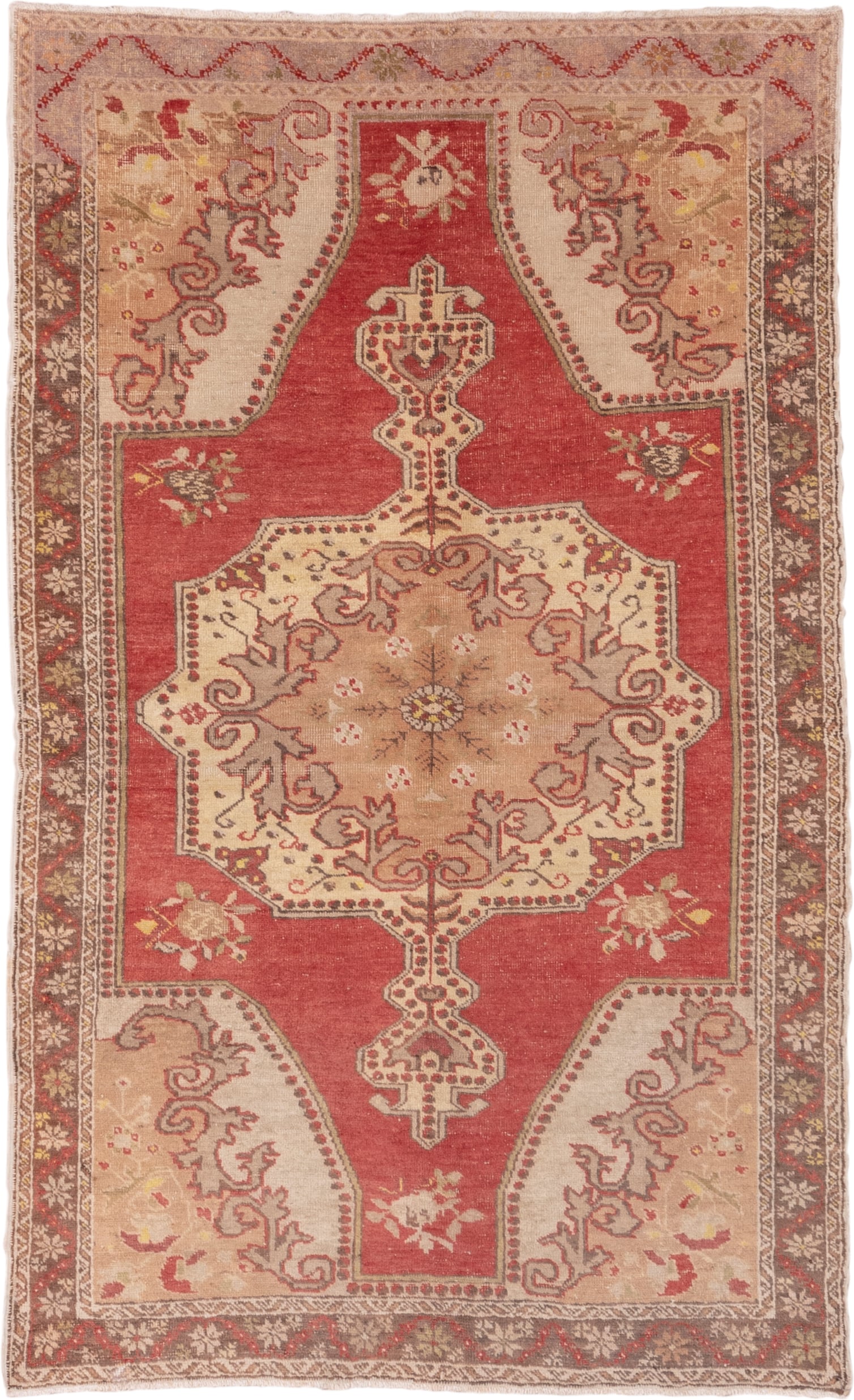 4' x 7' one-of-a-kind handmade vintage Oushak rug. Color palette: coral, ivory, taupe, brown, rose, sage, gold, terracotta
