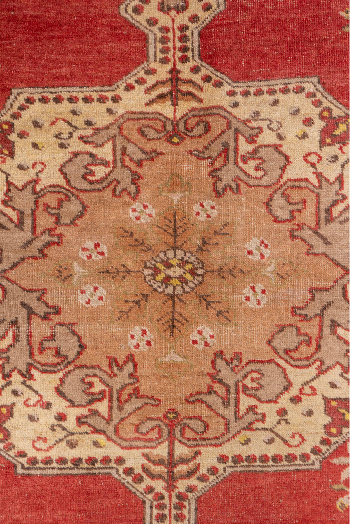 4' x 7' one-of-a-kind handmade vintage Oushak rug. Color palette: coral, ivory, taupe, brown, rose, sage, gold, terracotta