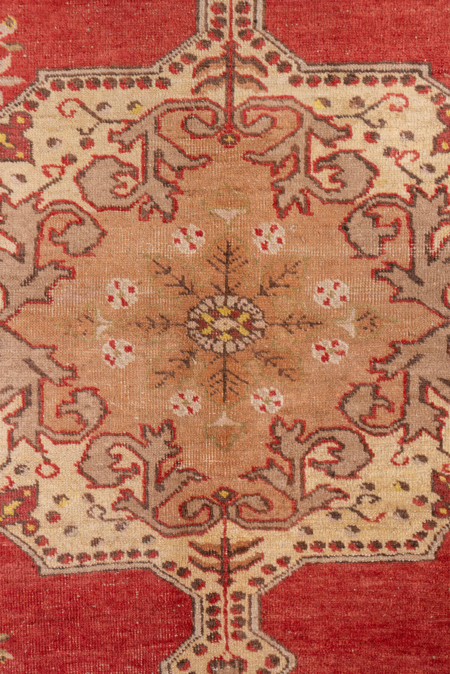 4' x 7' one-of-a-kind handmade vintage Oushak rug. Color palette: coral, ivory, taupe, brown, rose, sage, gold, terracotta