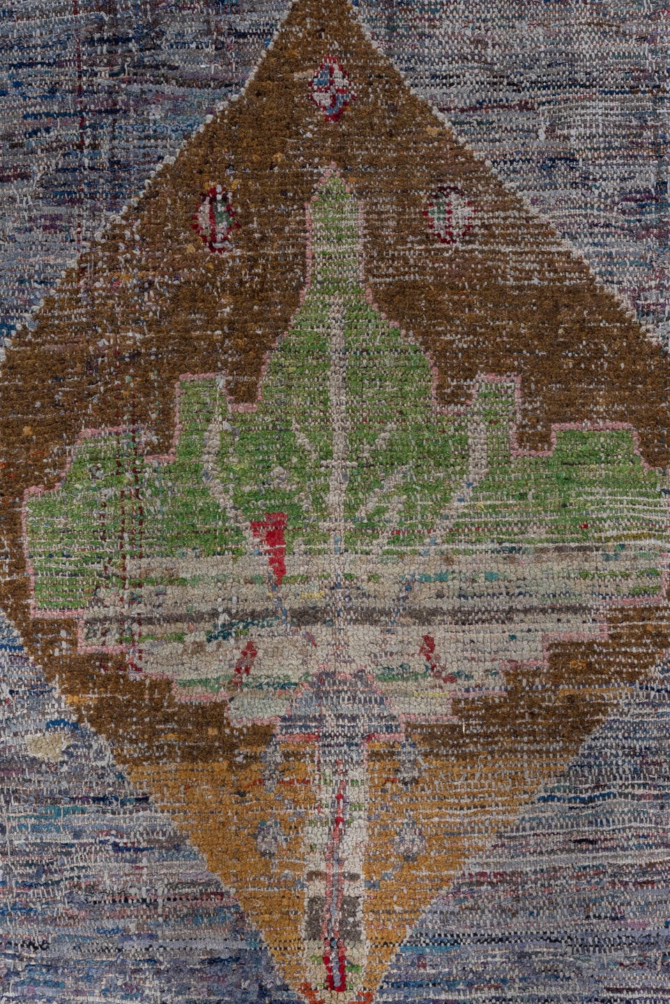 3' x 3' one-of-a-kind handmade vintage Tulu small size rug. Color palette: crimson, ivory, taupe, brown, sage, slate, red