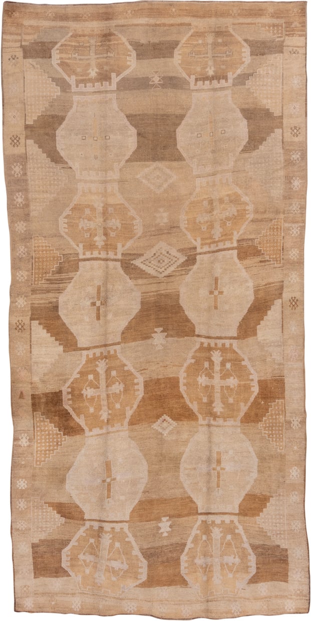 6' x 14' one-of-a-kind handmade vintage Oushak large size rug. Color palette: camel, taupe, ivory, beige, sand, light brown