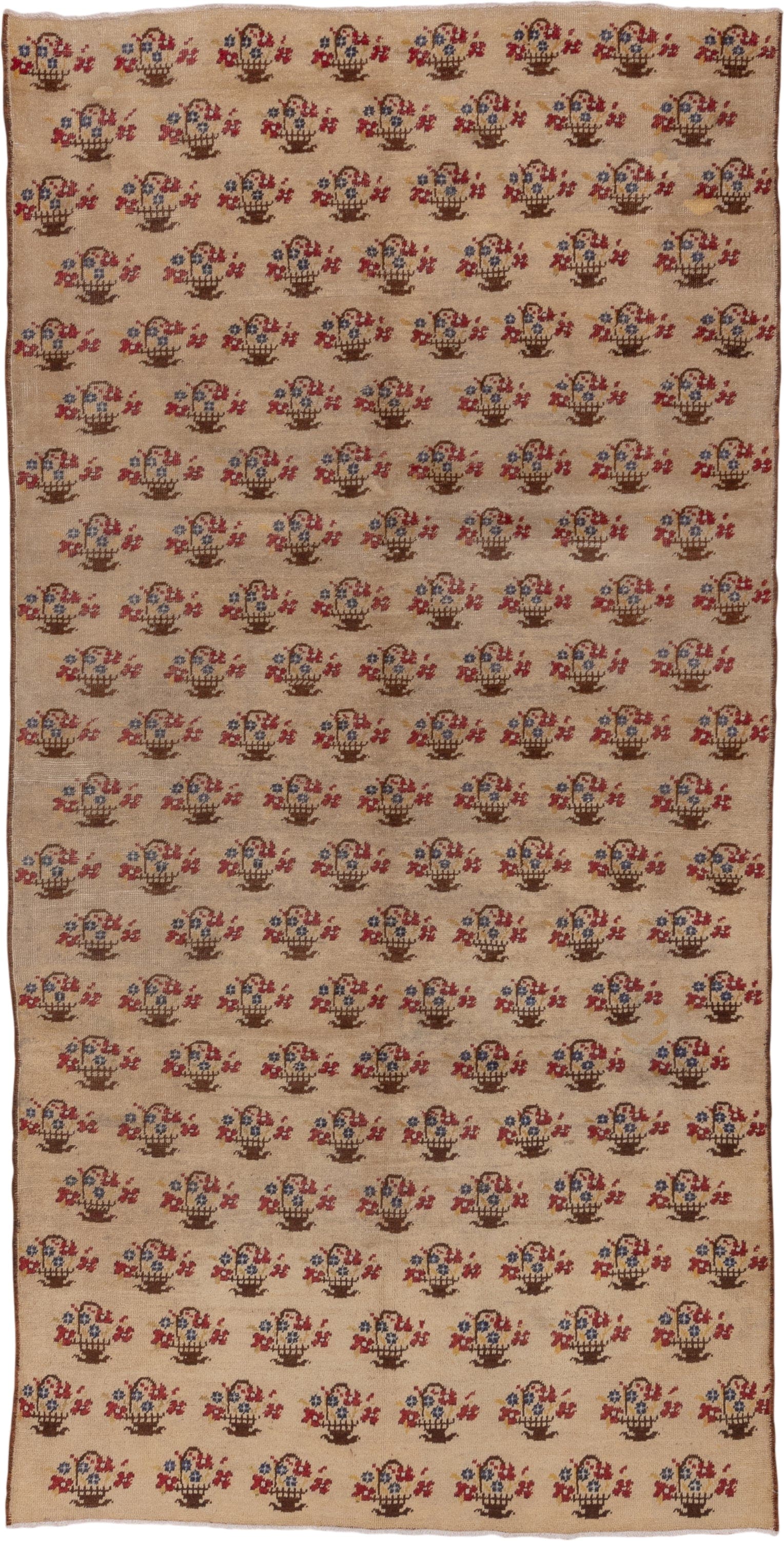 5' x 10' one-of-a-kind handmade vintage Konya medium size rug. Color palette: camel, brown, rust, indigo, ivory, beige