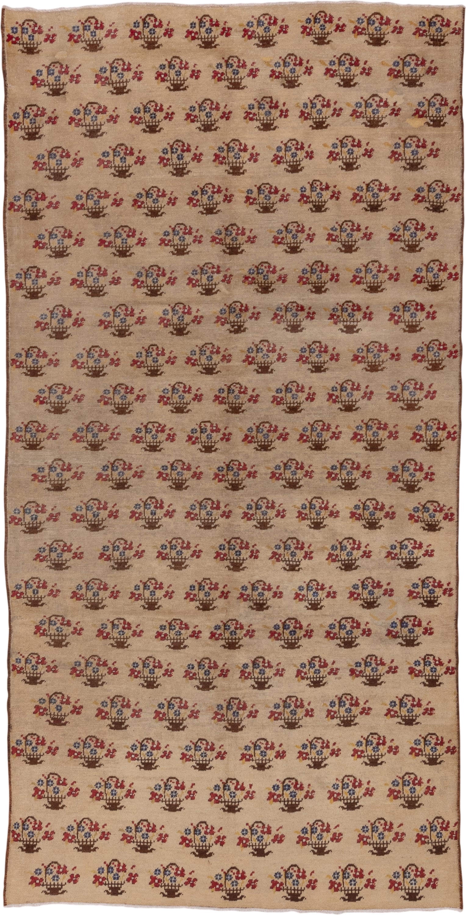 5' x 10' one-of-a-kind handmade vintage Konya medium size rug. Color palette: camel, brown, rust, indigo, ivory, beige