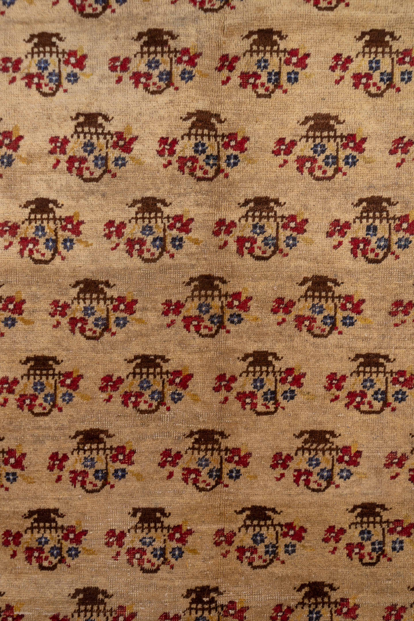 5' x 10' one-of-a-kind handmade vintage Konya medium size rug. Color palette: camel, brown, rust, indigo, ivory, beige