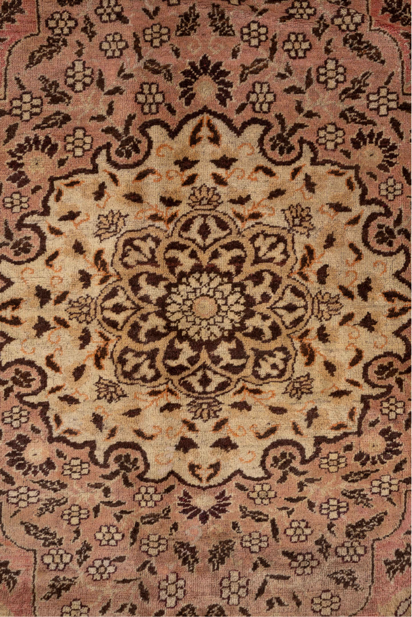 8' x 11' one-of-a-kind handmade vintage Oushak large size rug. Color palette: rose, taupe, brown, ivory, coral, blush, pink