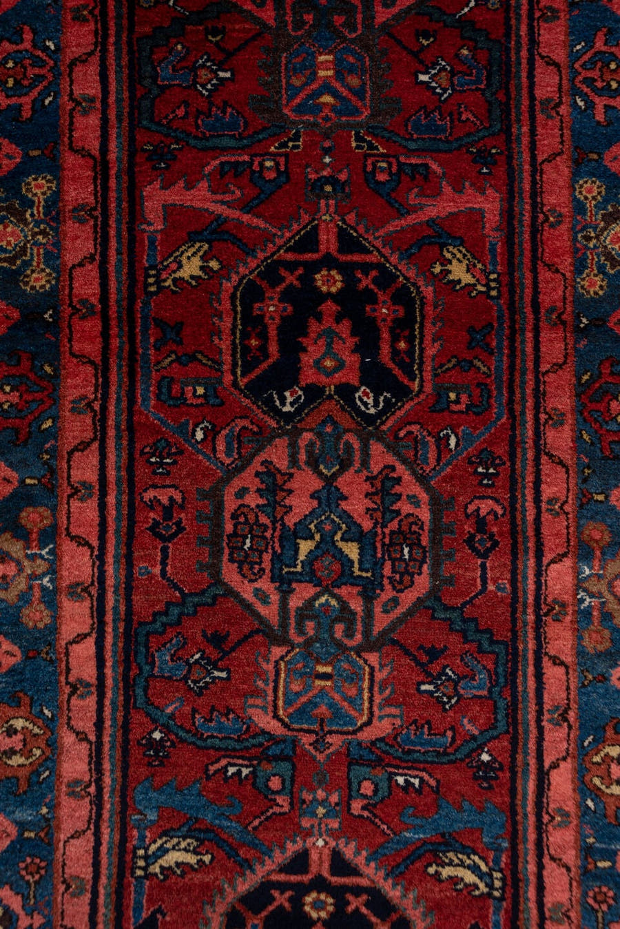 2' x 16' one-of-a-kind handmade vintage Malayer runner rug. Color palette: rust, navy, crimson, indigo, coral, ivory