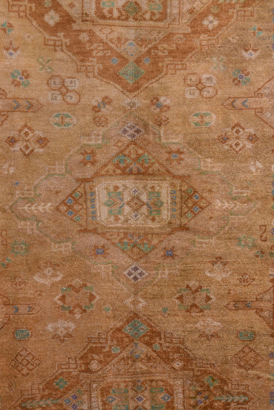 5' x 11' one-of-a-kind handmade vintage Oushak runner rug. Color palette: taupe, tan, camel, dusty blue, ivory, rust, sage