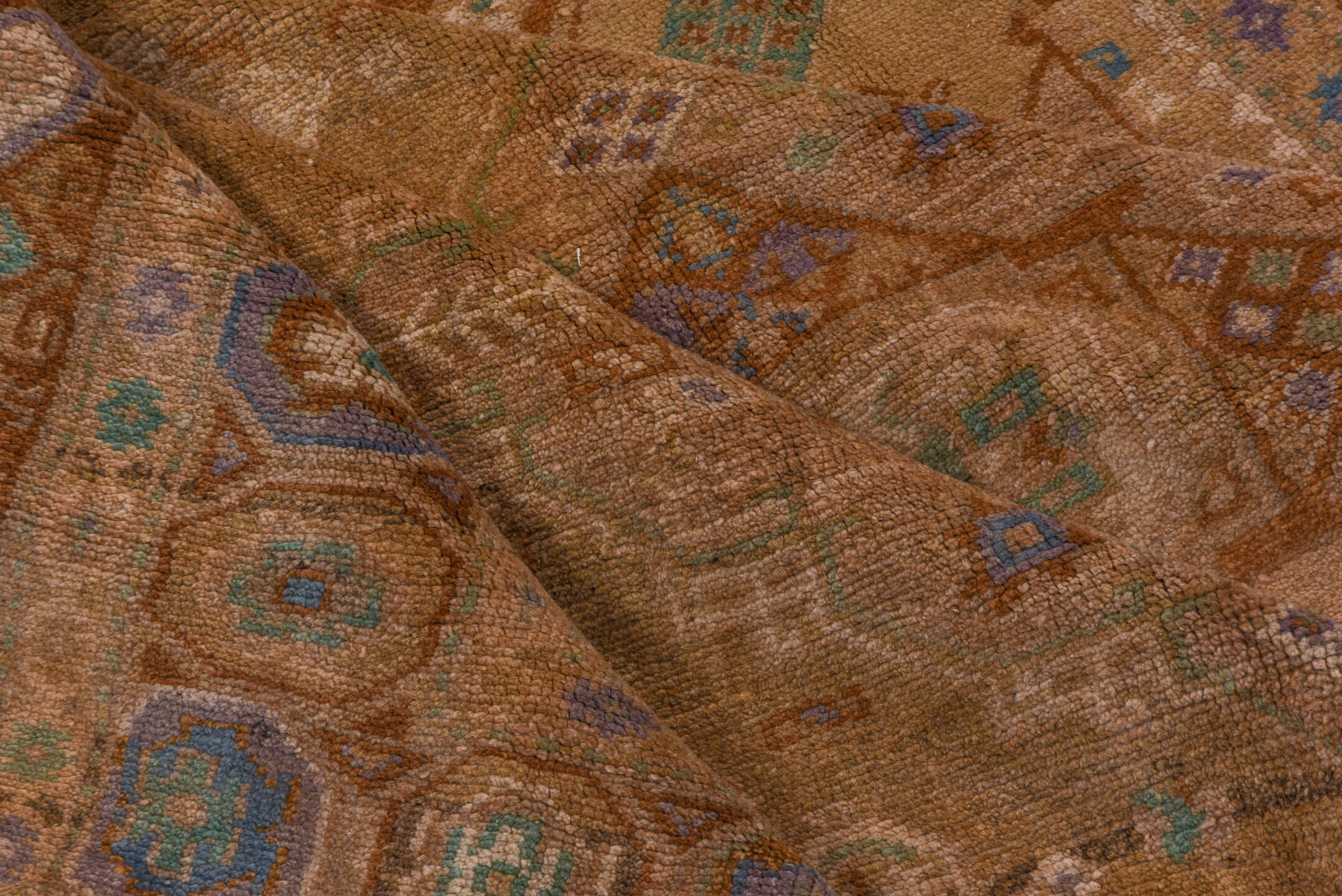 5' x 11' one-of-a-kind handmade vintage Oushak runner rug. Color palette: taupe, tan, camel, dusty blue, ivory, rust, sage