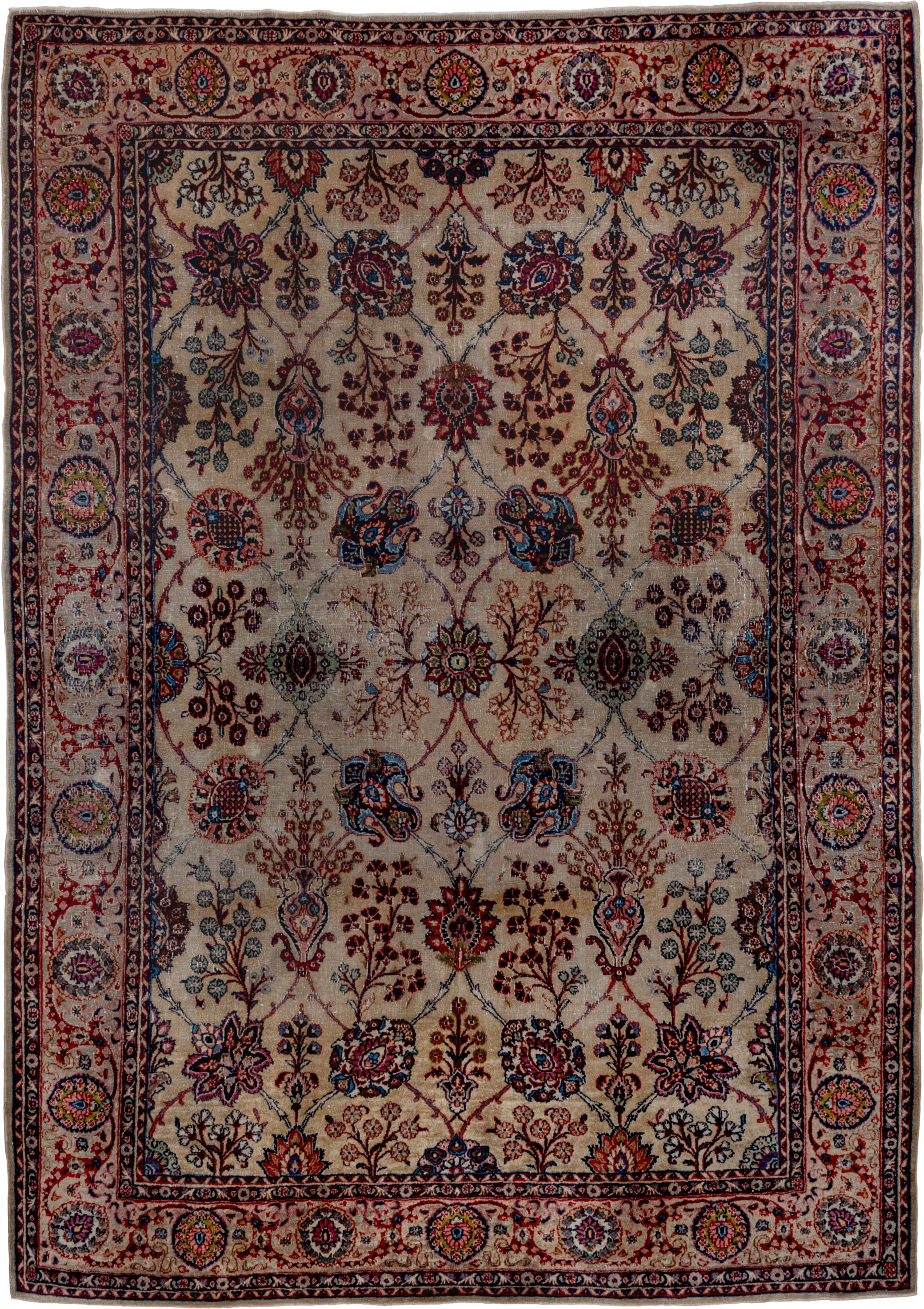 7' x 10' one-of-a-kind handmade vintage Kazvin large size rug. Color palette: ivory, navy, rust, sky blue, burgundy, camel
