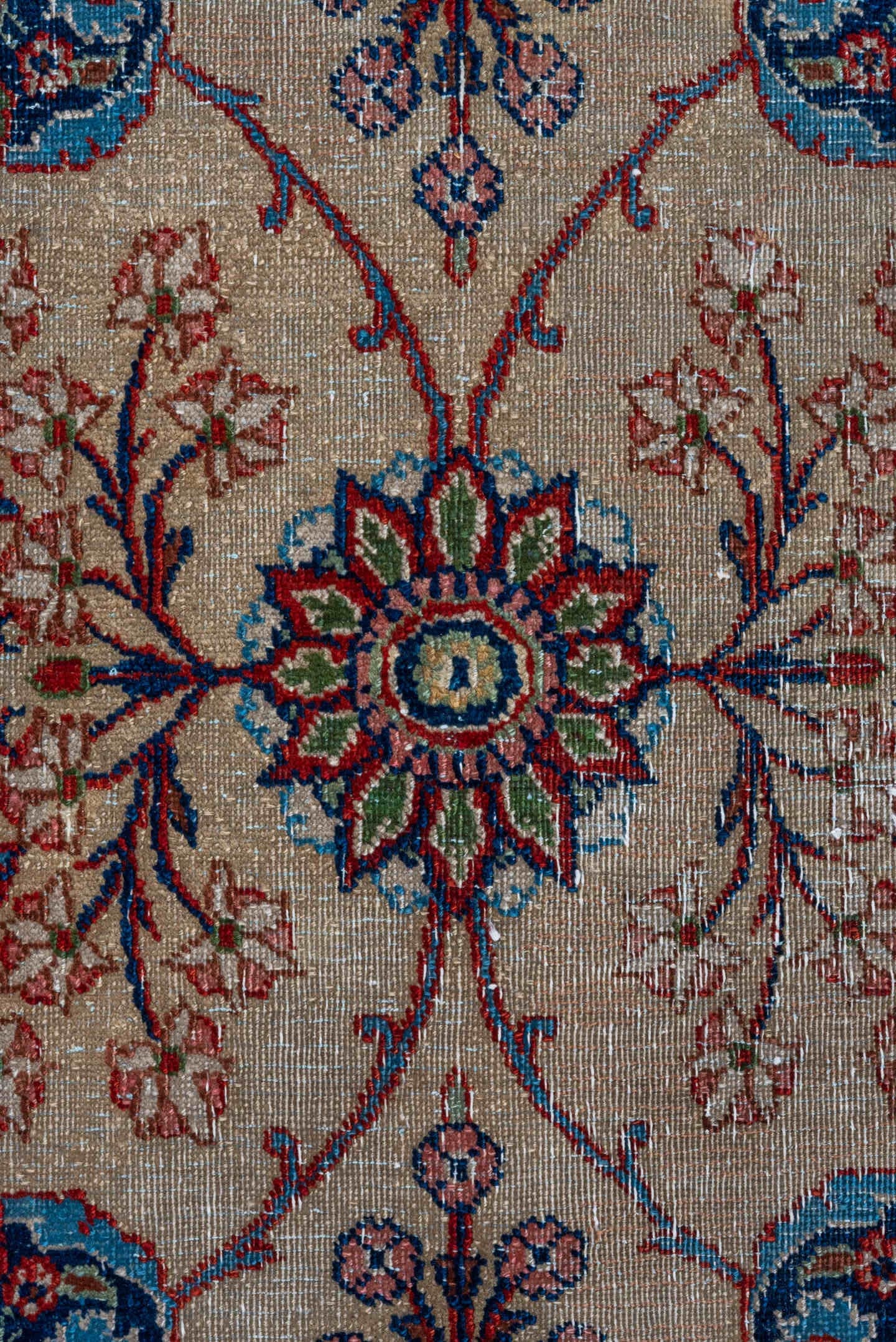 7' x 10' one-of-a-kind handmade vintage Kazvin large size rug. Color palette: ivory, navy, rust, sky blue, burgundy, camel