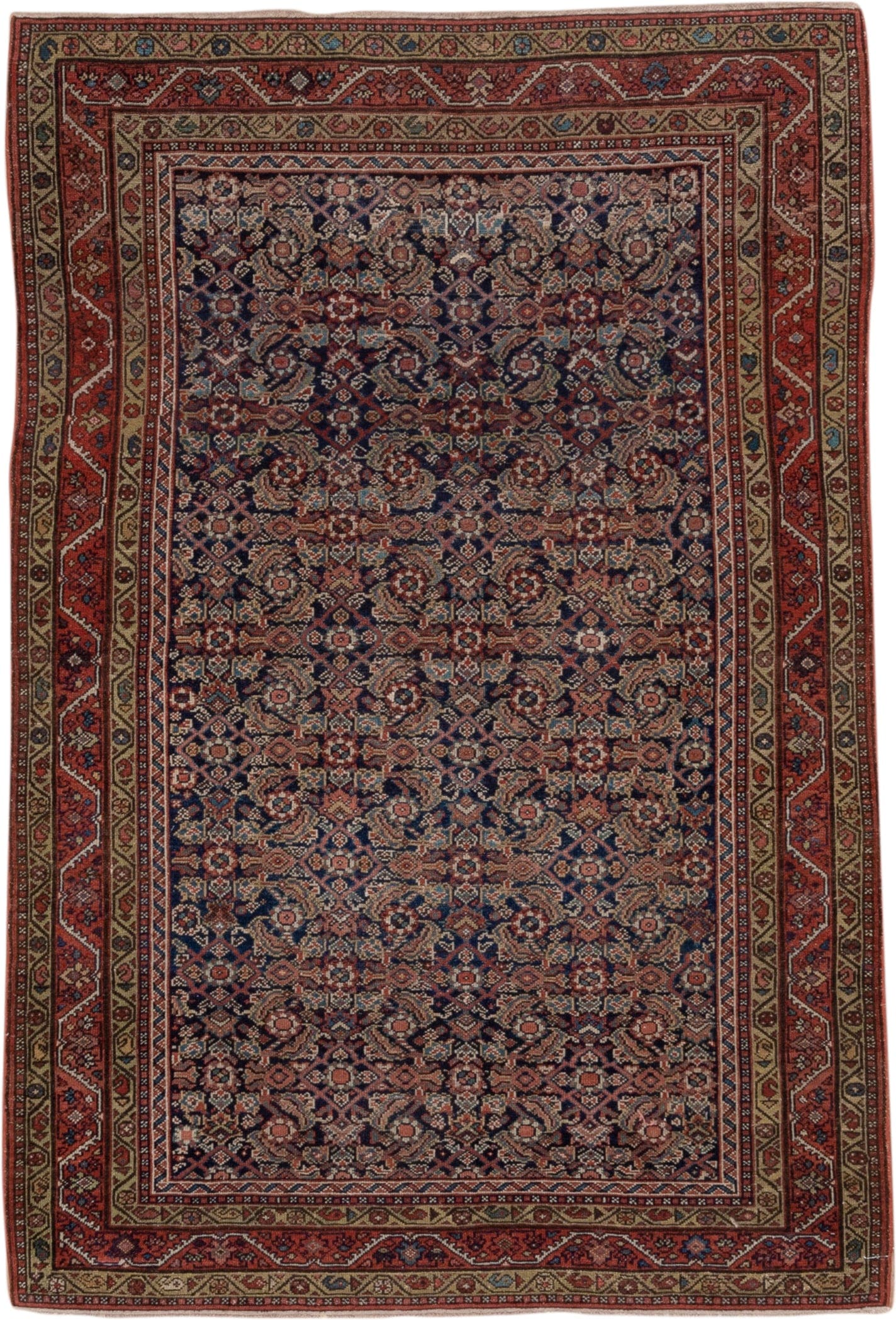 4' x 6' one-of-a-kind handmade antique Malayer small size rug. Color palette: navy, rust, ivory, camel, rose, slate, blue