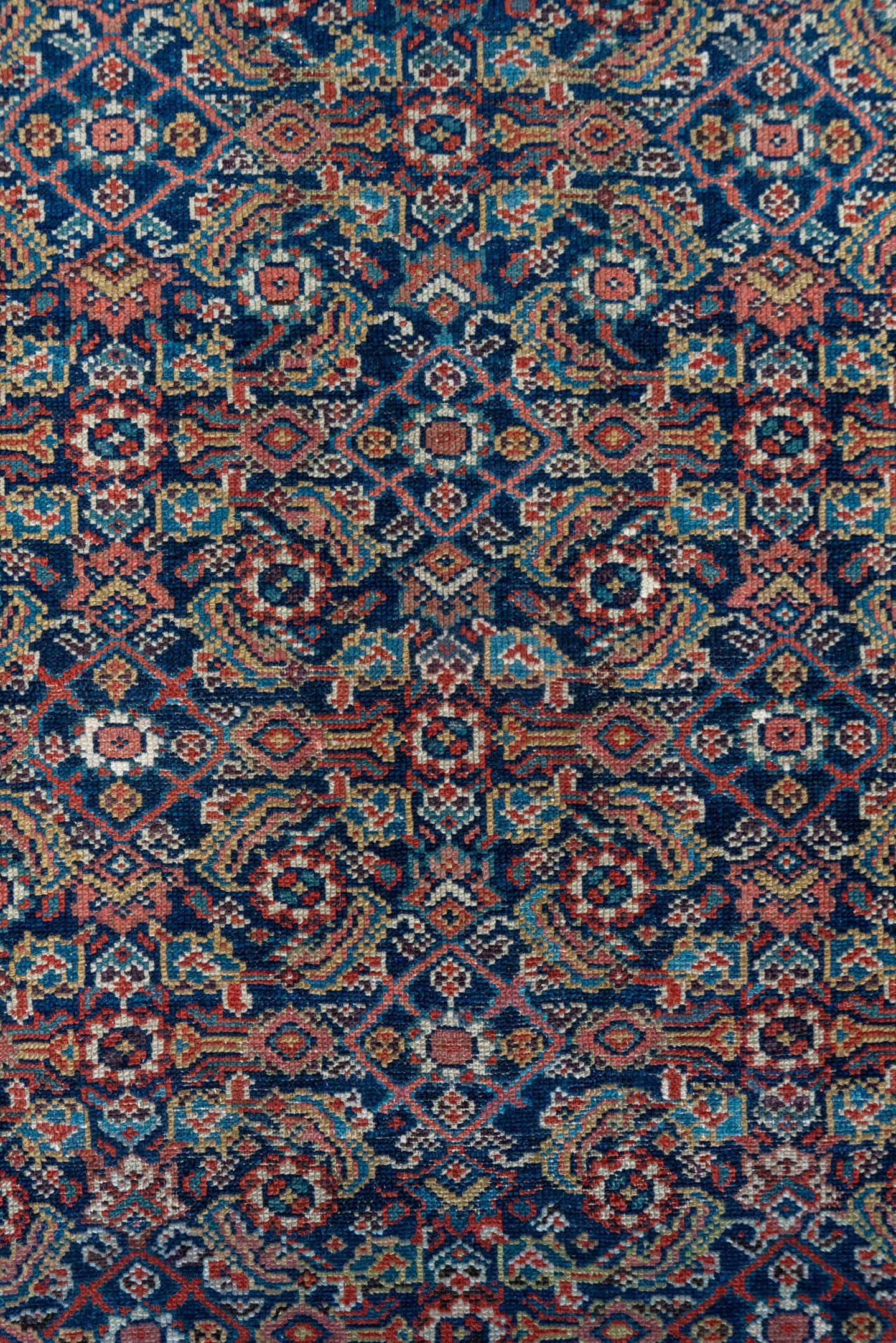 4' x 6' one-of-a-kind handmade antique Malayer small size rug. Color palette: navy, rust, ivory, camel, rose, slate, blue