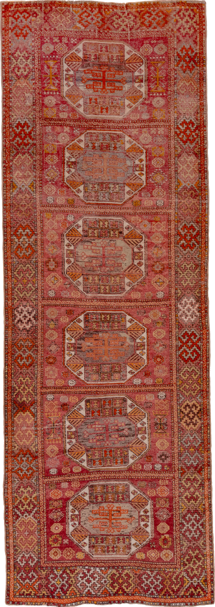 4' x 11' one-of-a-kind handmade vintage Oushak runner rug. Color palette: brown, maroon, pink, red, sienna