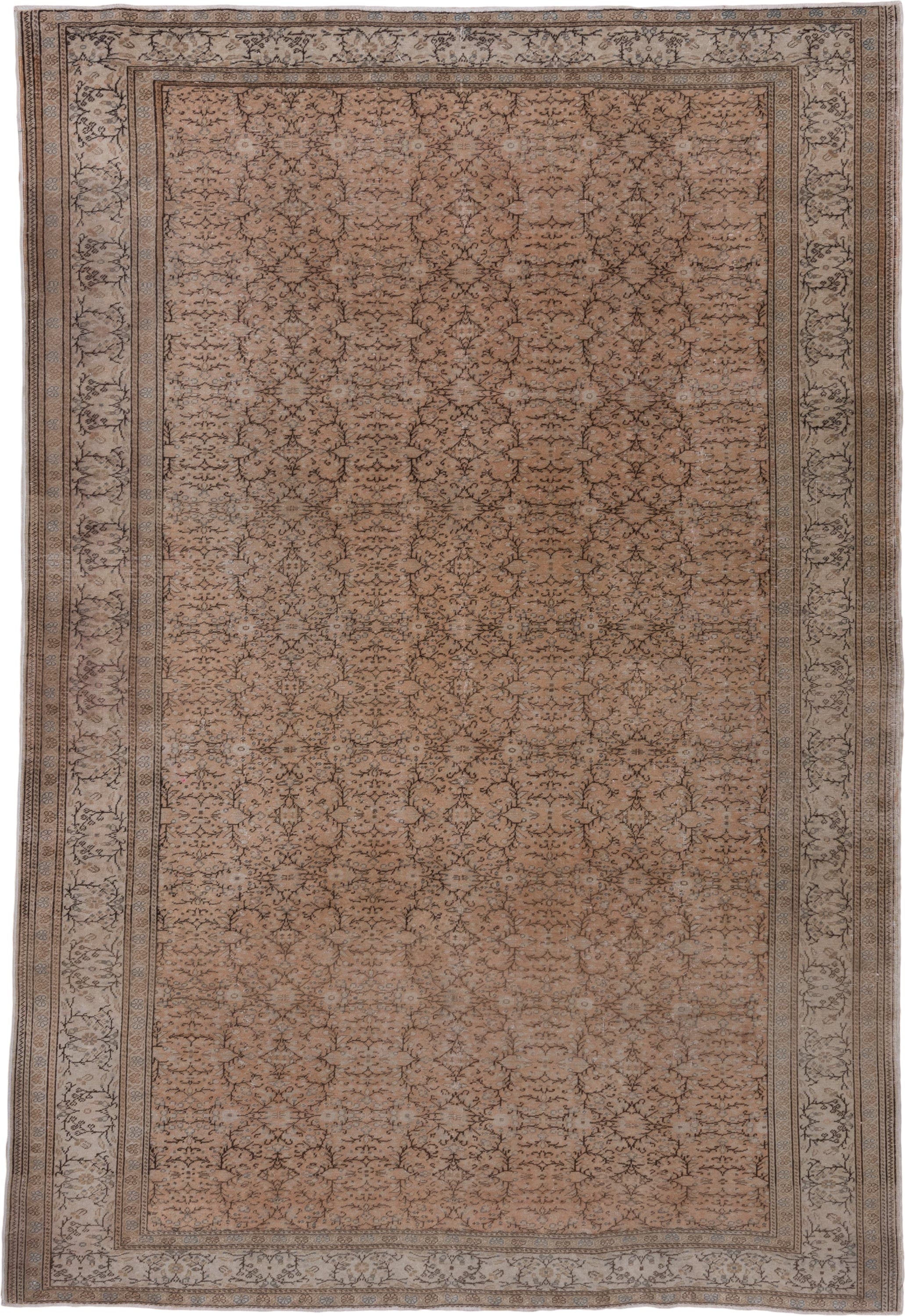 6' x 9' one-of-a-kind handmade vintage Kaisary medium size rug. Color palette: taupe, ivory, brown, beige, camel, charcoal