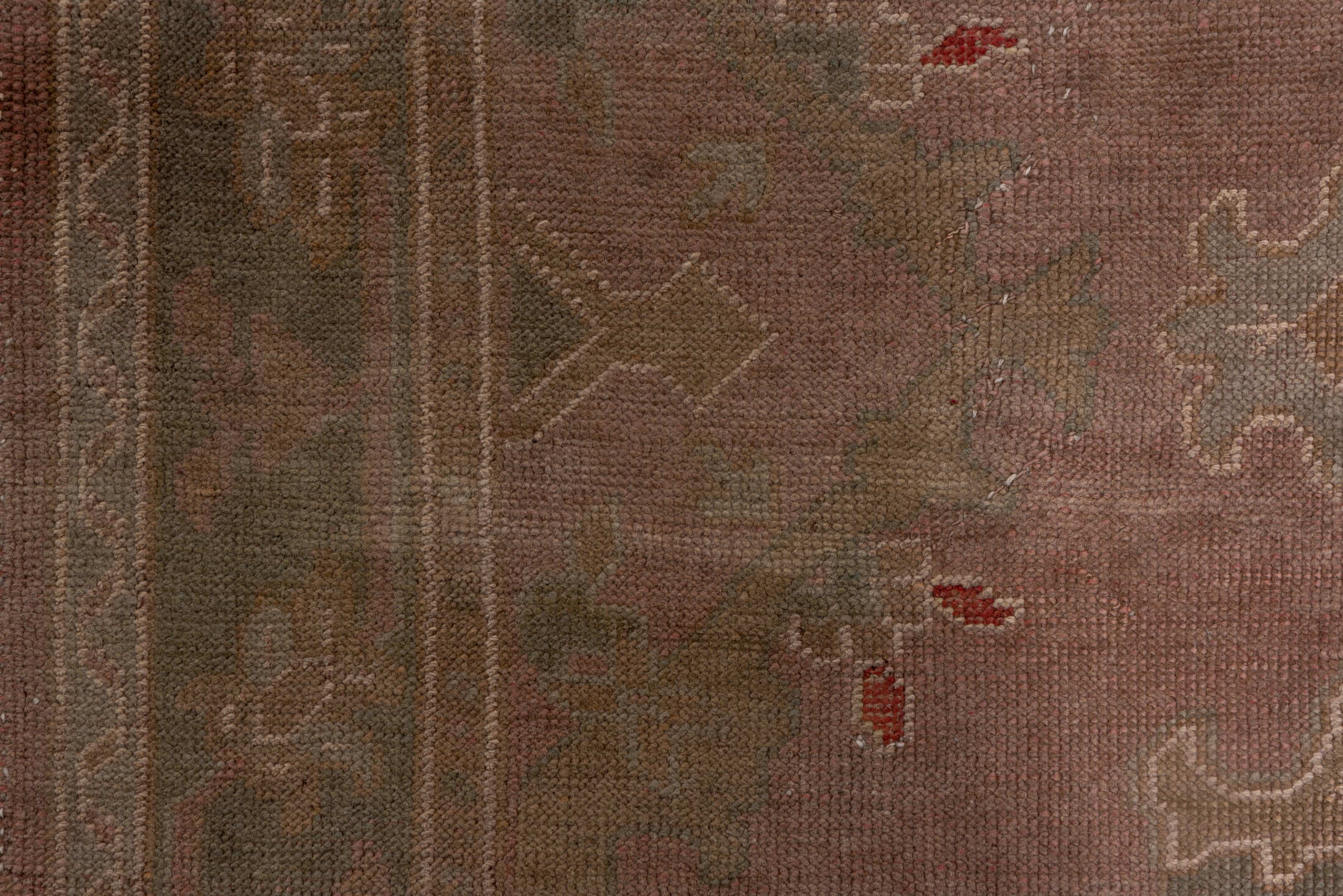 4' x 16' one-of-a-kind handmade vintage Oushak runner rug. Color palette: brown, gray, off-white, pink, red, snow, white