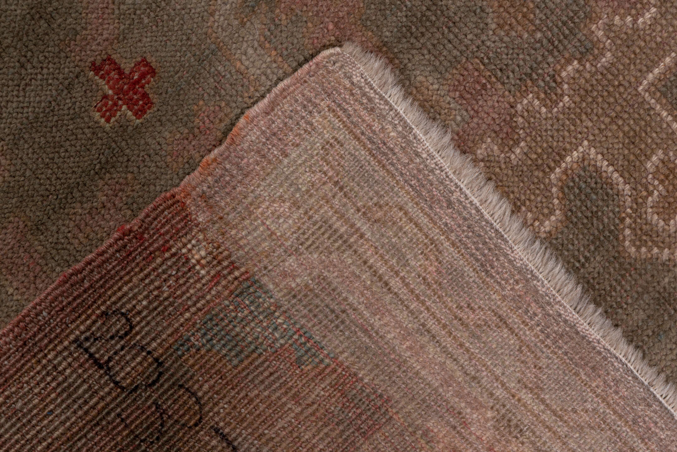 4' x 16' one-of-a-kind handmade vintage Oushak runner rug. Color palette: brown, gray, off-white, pink, red, snow, white