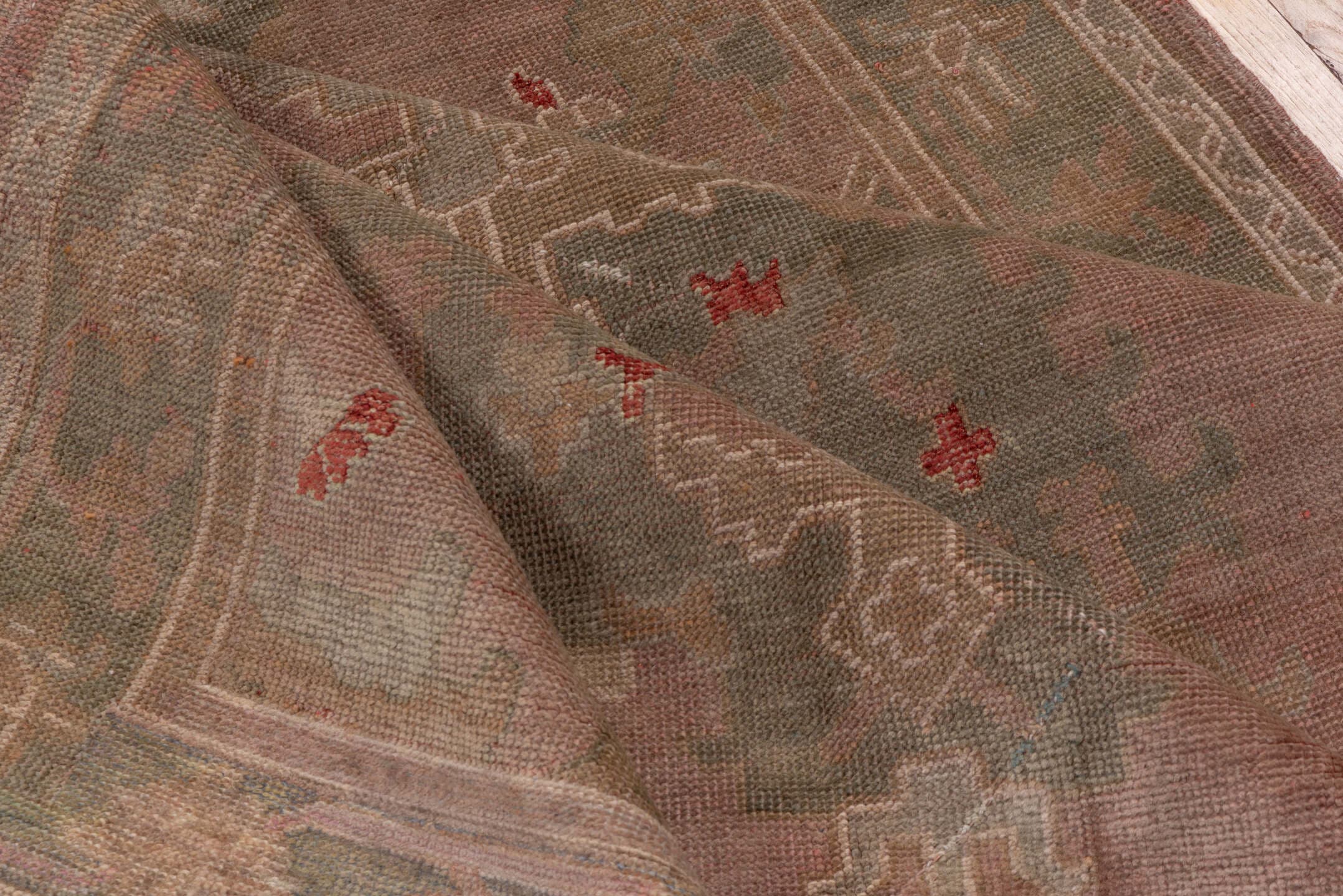 4' x 16' one-of-a-kind handmade antique Oushak runner rug. Color palette: rose, taupe, sage, ivory, rust, brown, pink, red