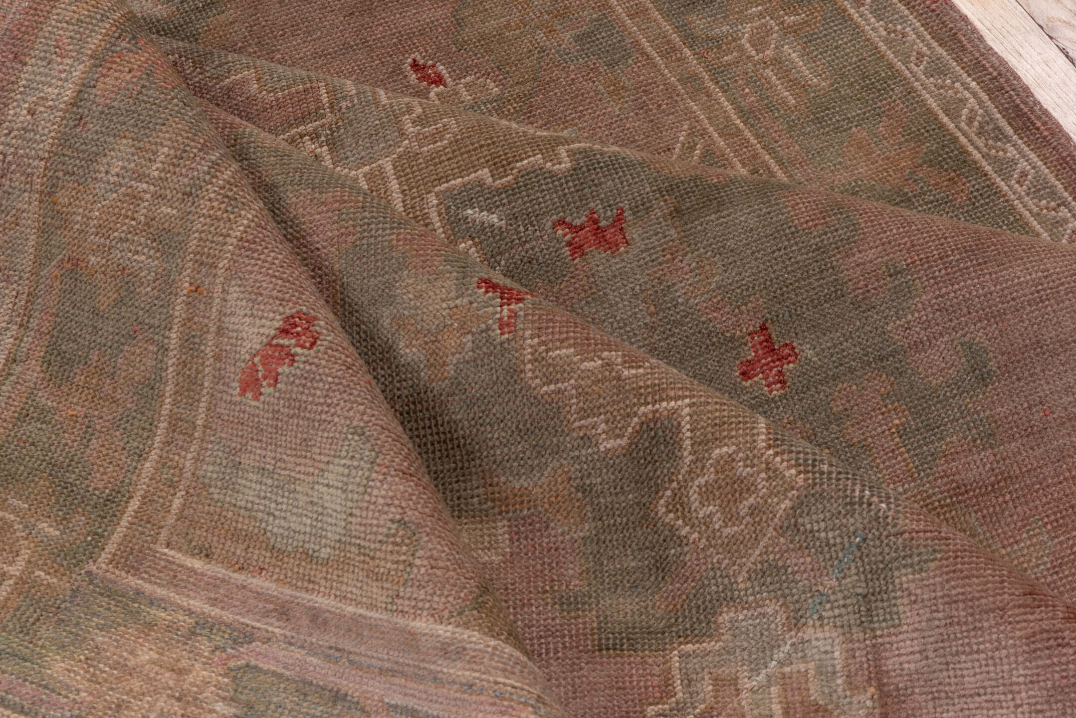 4' x 16' one-of-a-kind handmade antique Oushak runner rug. Color palette: rose, taupe, sage, ivory, rust, brown, pink, red