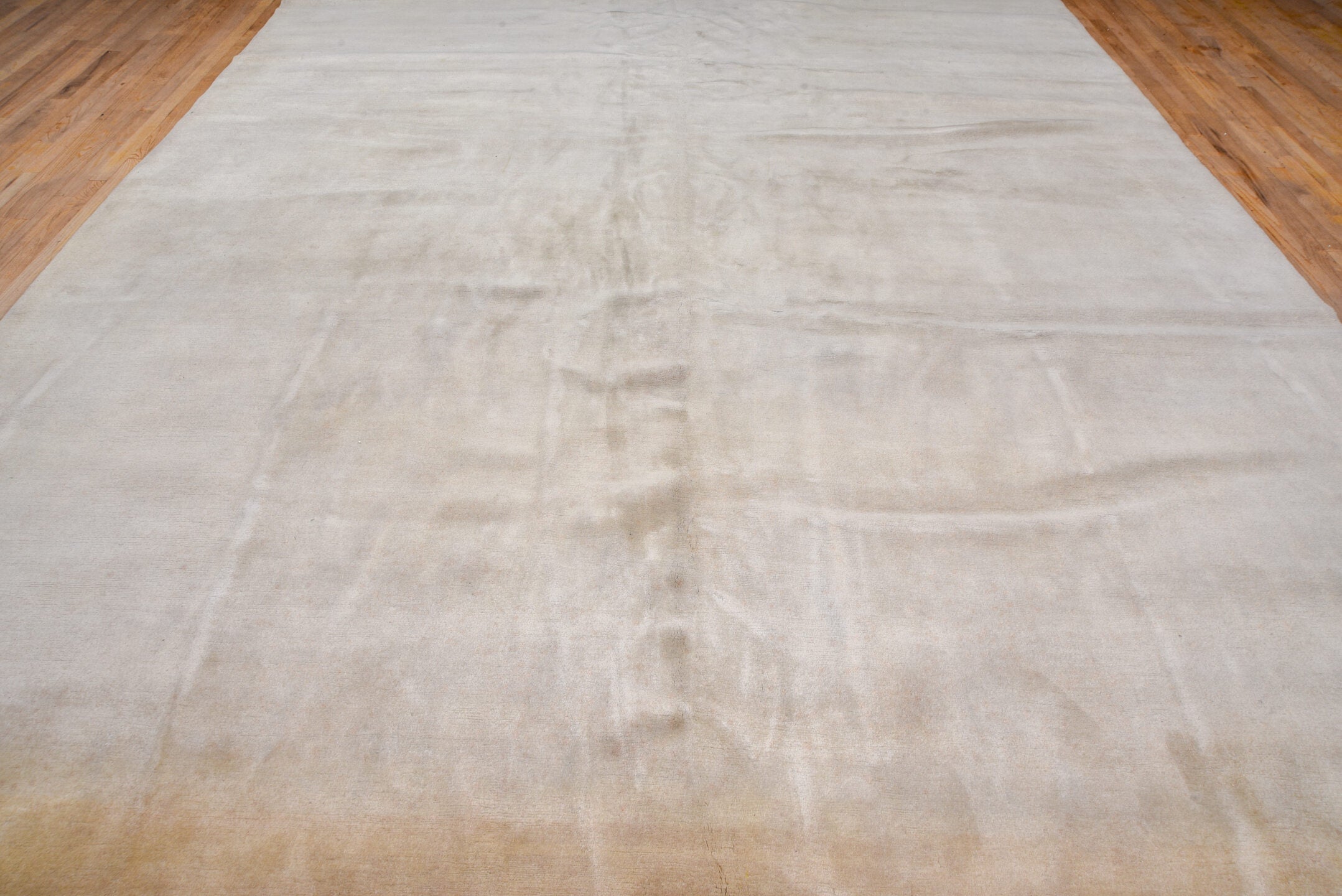 11' x 20' one-of-a-kind handmade vintage Tibetan oversize rug. Color palette: ivory, cream, beige, taupe, gray