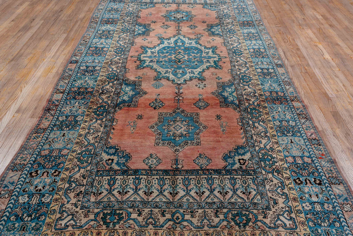 6' x 14' one-of-a-kind handmade antique Moroccan large size rug. Color palette: blue, salmon, ivory, navy, sky_blue, rose
