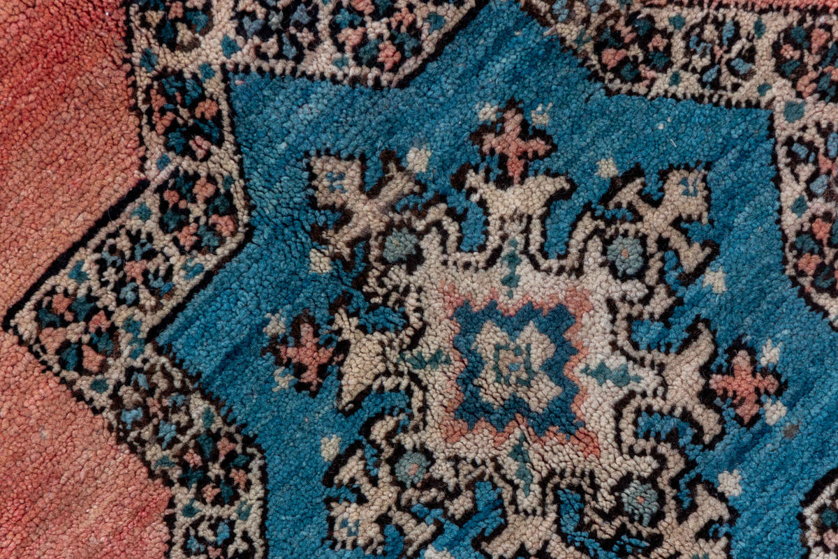 6' x 14' one-of-a-kind handmade antique Moroccan large size rug. Color palette: blue, salmon, ivory, navy, sky_blue, rose