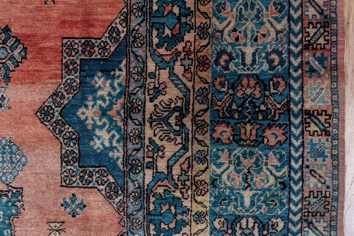 6' x 14' one-of-a-kind handmade antique Moroccan large size rug. Color palette: blue, salmon, ivory, navy, sky_blue, rose