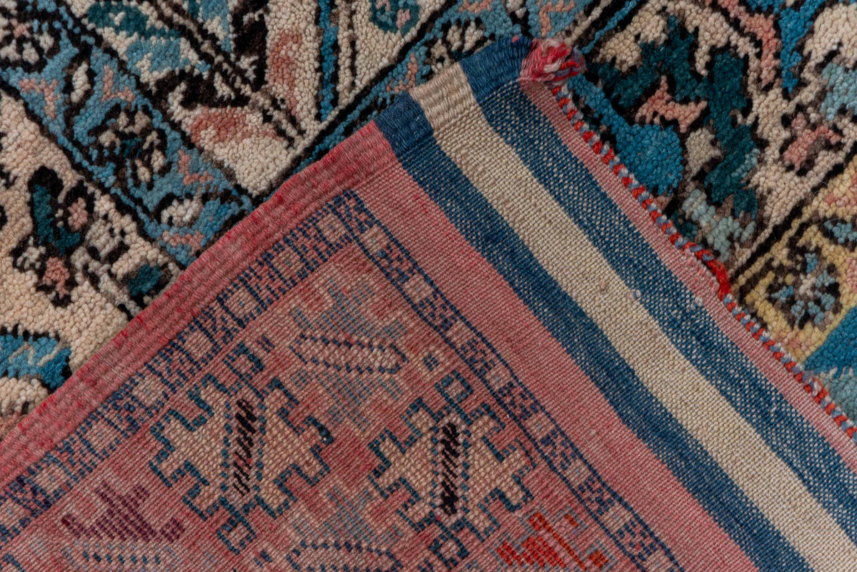 6' x 14' one-of-a-kind handmade antique Moroccan large size rug. Color palette: blue, salmon, ivory, navy, sky_blue, rose