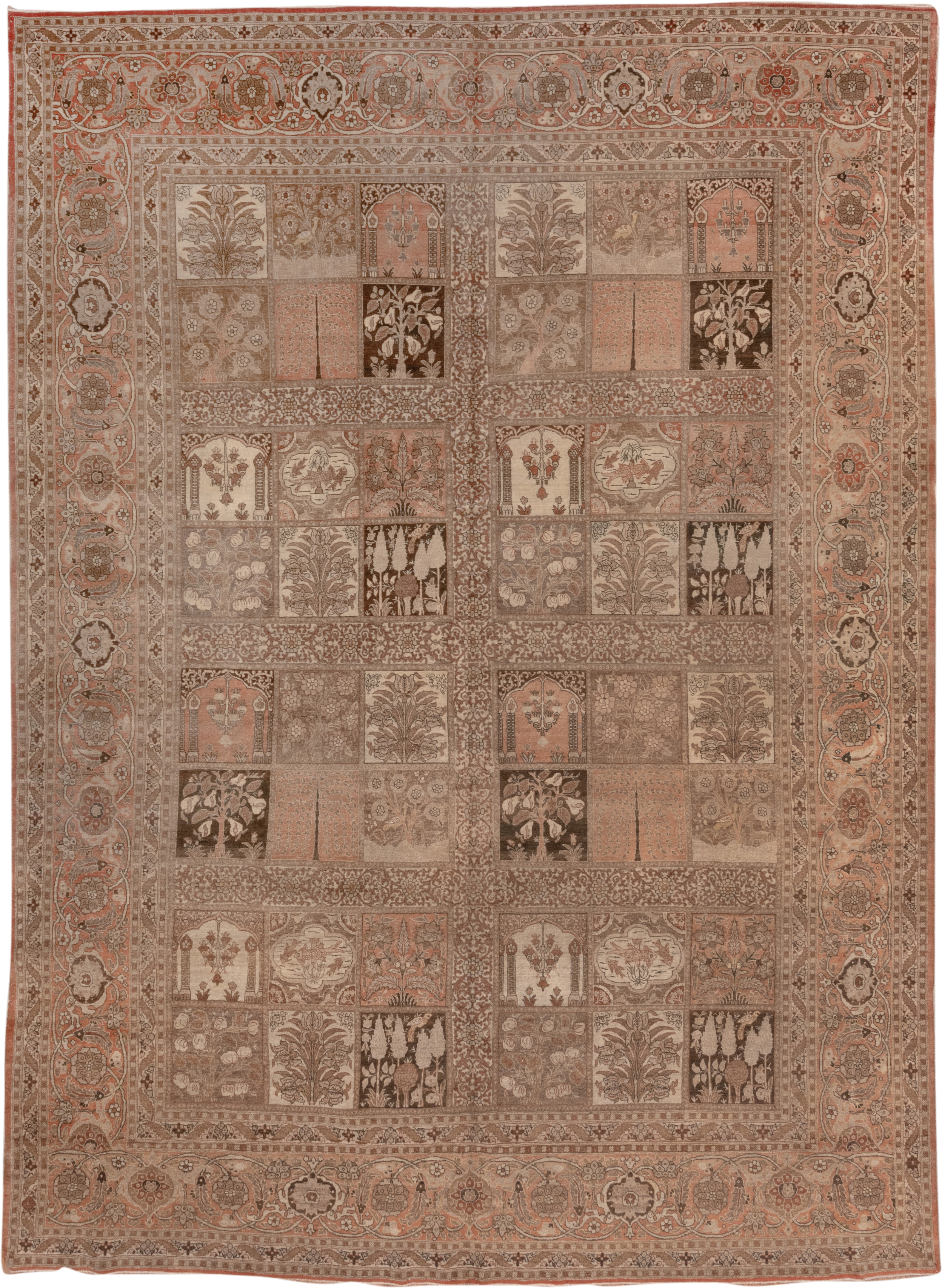 9' x 13' one-of-a-kind handmade antique Tabriz large size rug. Color palette: taupe, rose, ivory, brown, camel, terra cotta