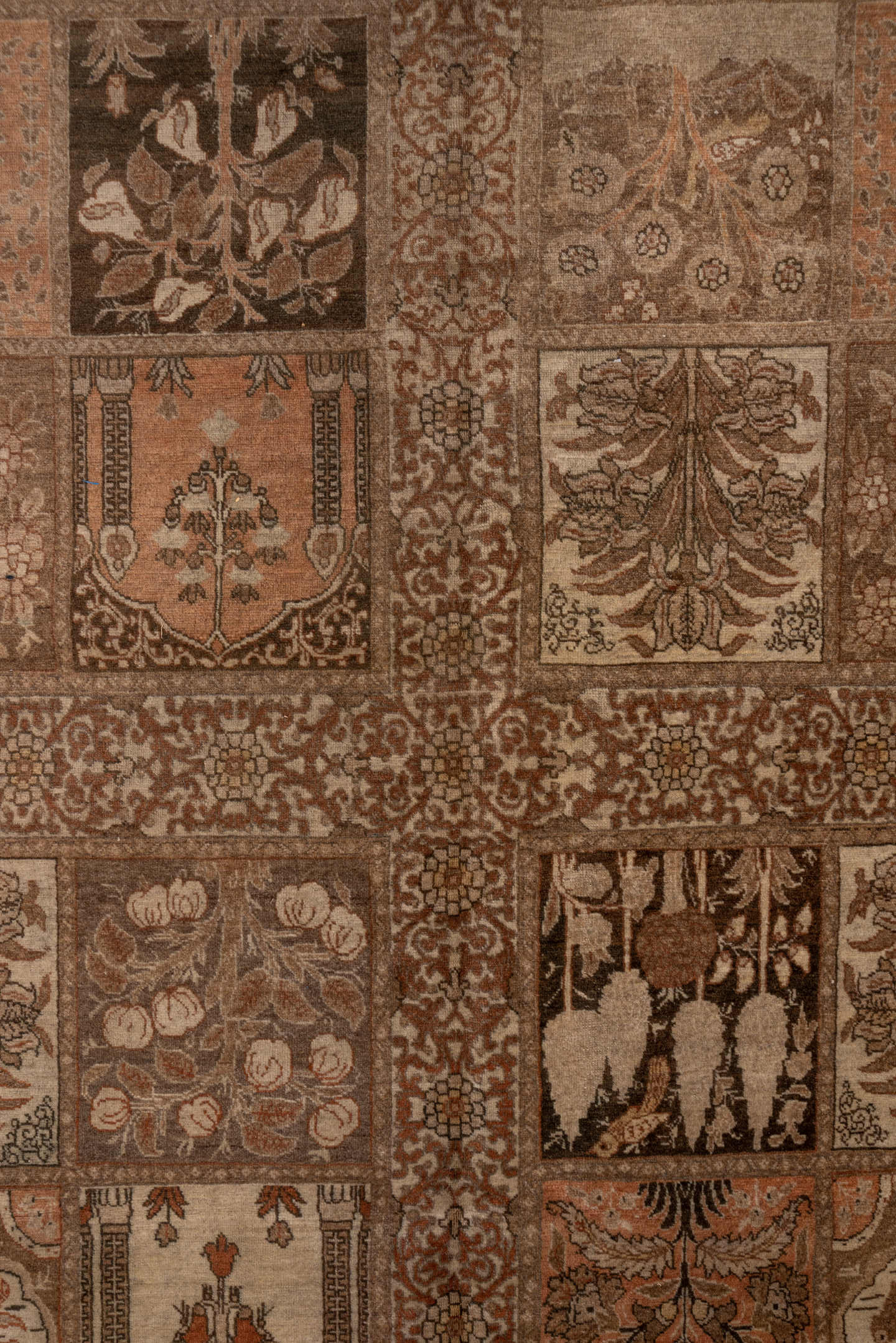 9' x 13' one-of-a-kind handmade antique Tabriz large size rug. Color palette: taupe, rose, ivory, brown, camel, terra cotta