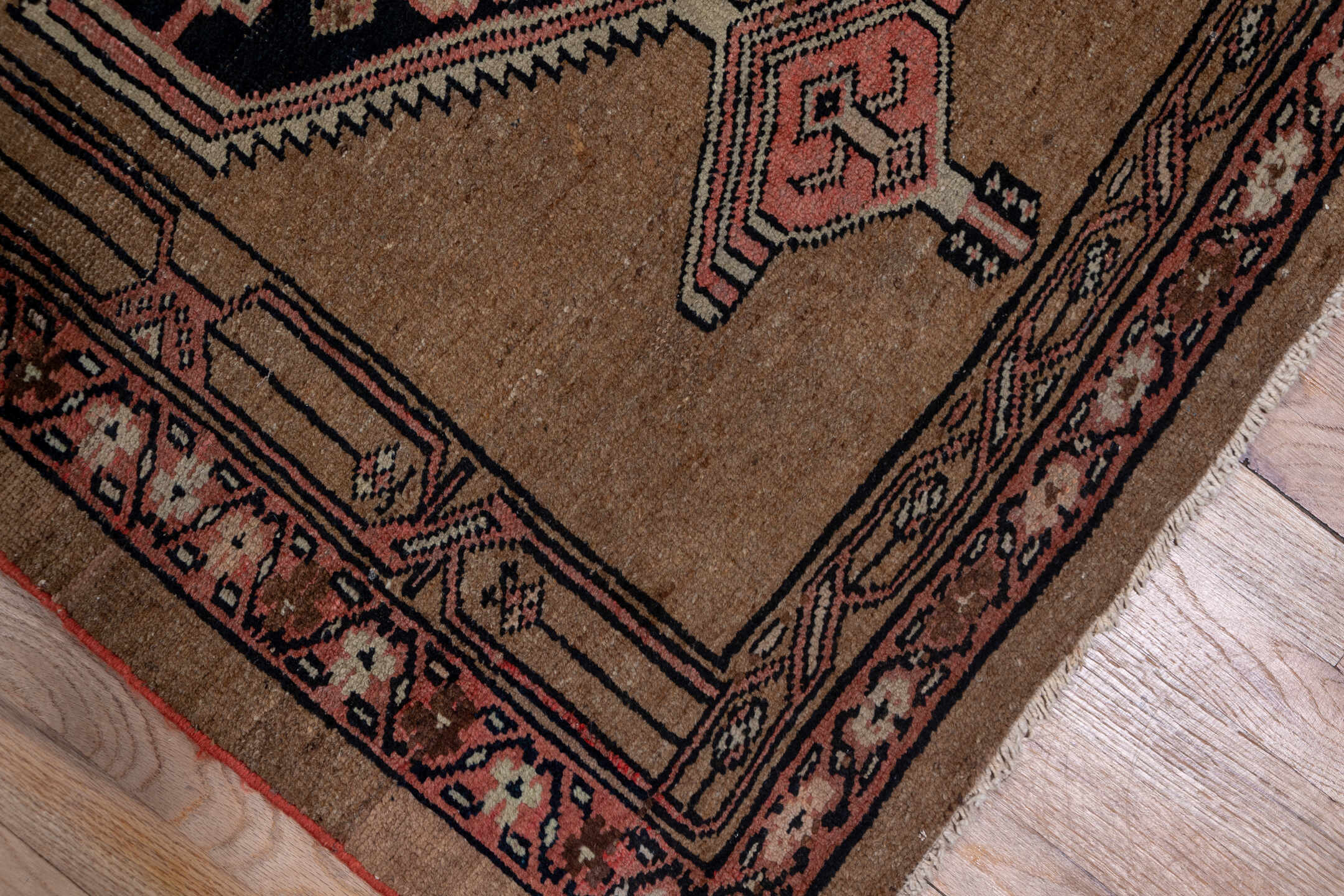 3' x 13' one-of-a-kind handmade vintage Sarab runner rug. Color palette: black, brown, gray, off-white, pink, snow, white
