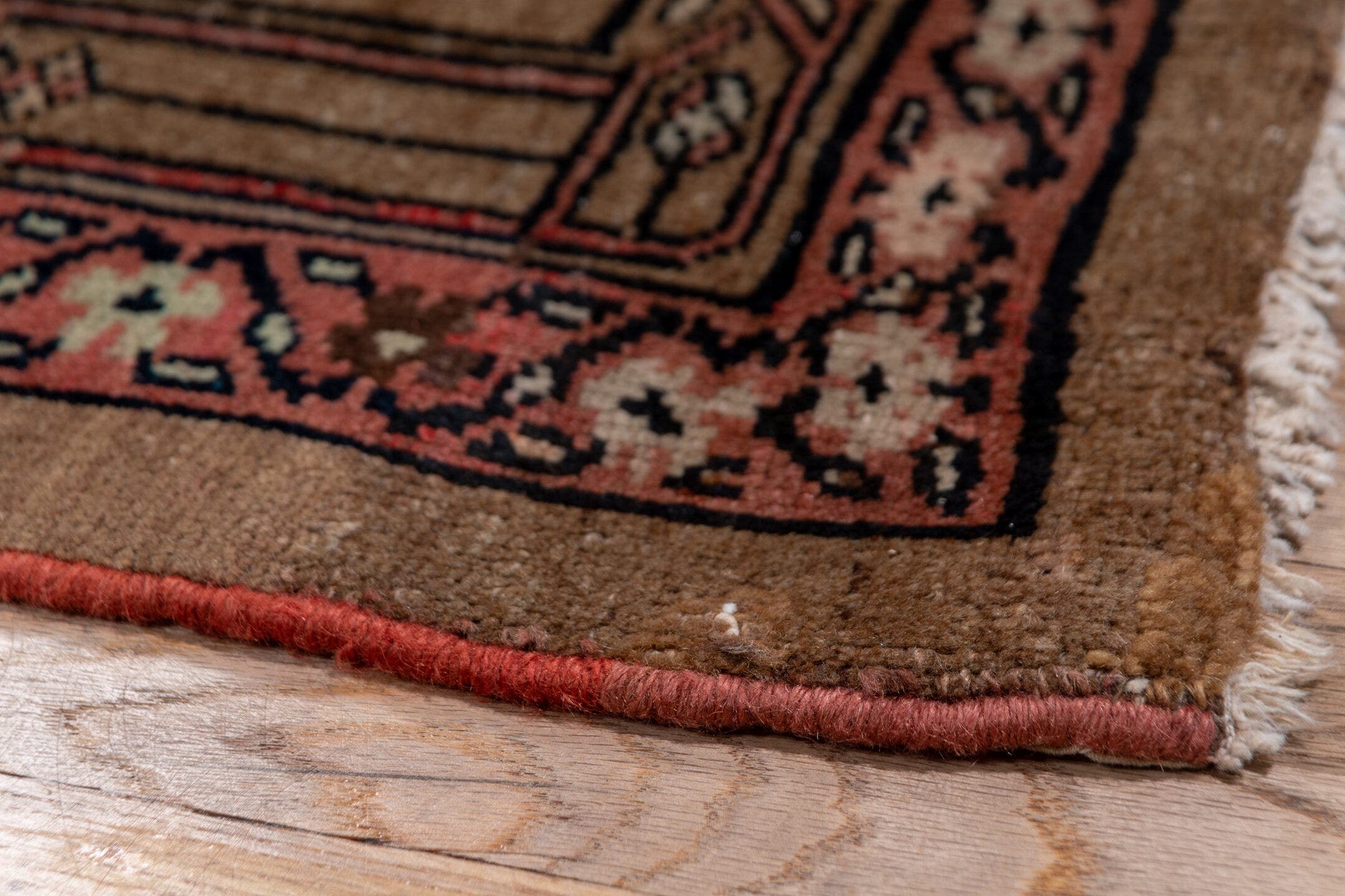 3' x 13' one-of-a-kind handmade antique Sarab runner rug. Color palette: camel, navy, rust, rose, ivory, brown, beige, blue