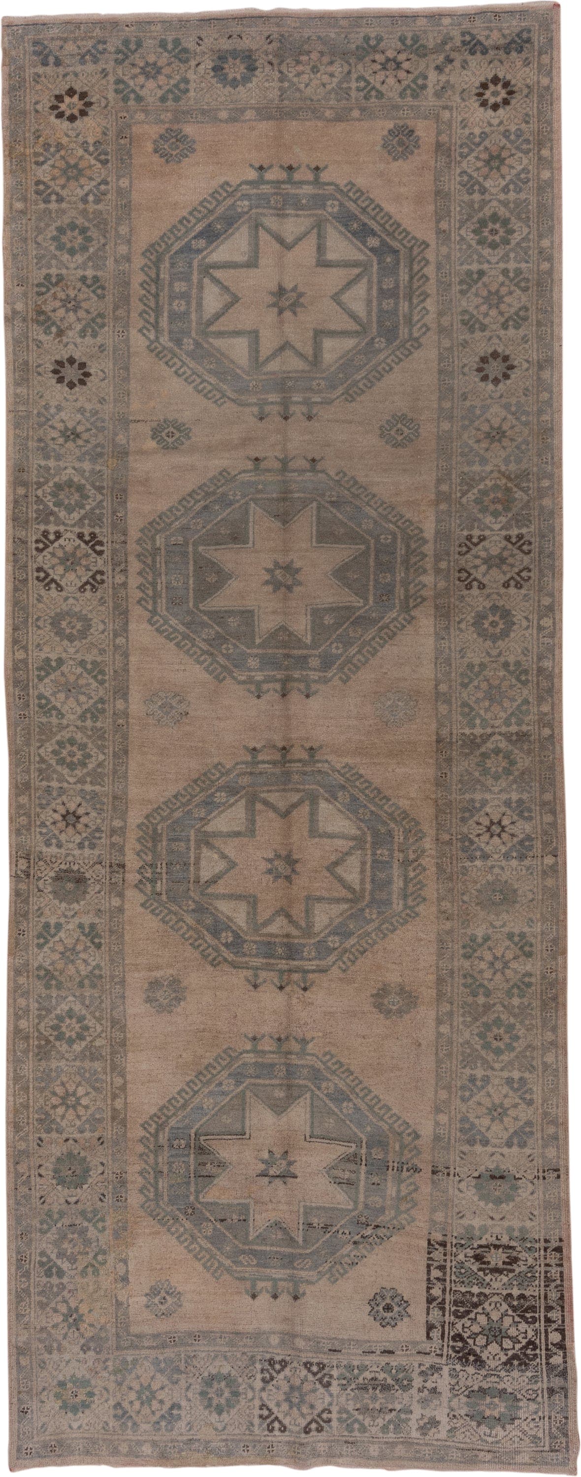 5' x 13' one-of-a-kind handmade vintage Oushak rug. Color palette: taupe, slate, ivory, sage, charcoal, brown, beige, gray