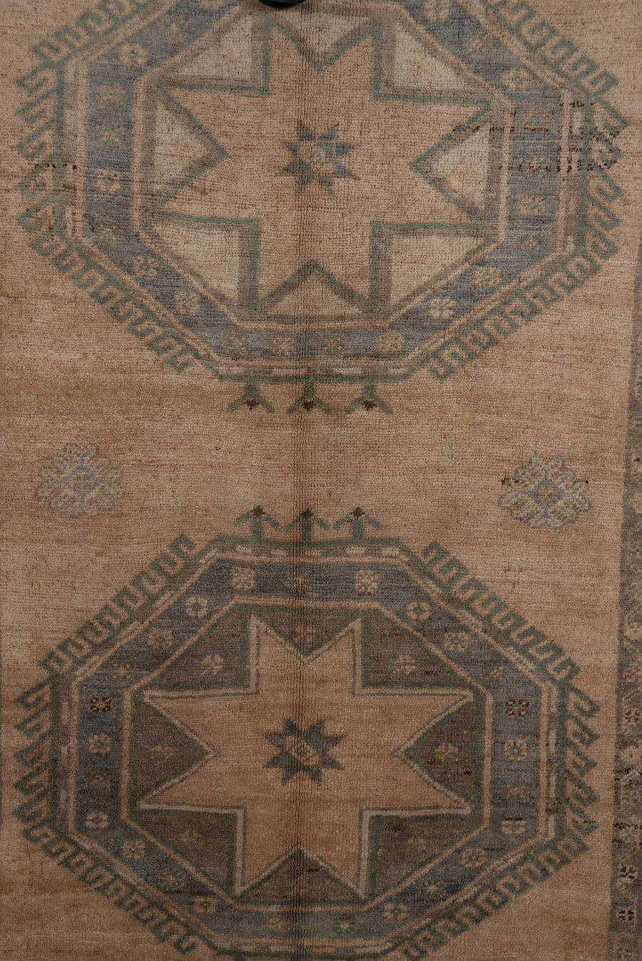 5' x 13' one-of-a-kind handmade vintage Oushak rug. Color palette: taupe, slate, ivory, sage, charcoal, brown, beige, gray