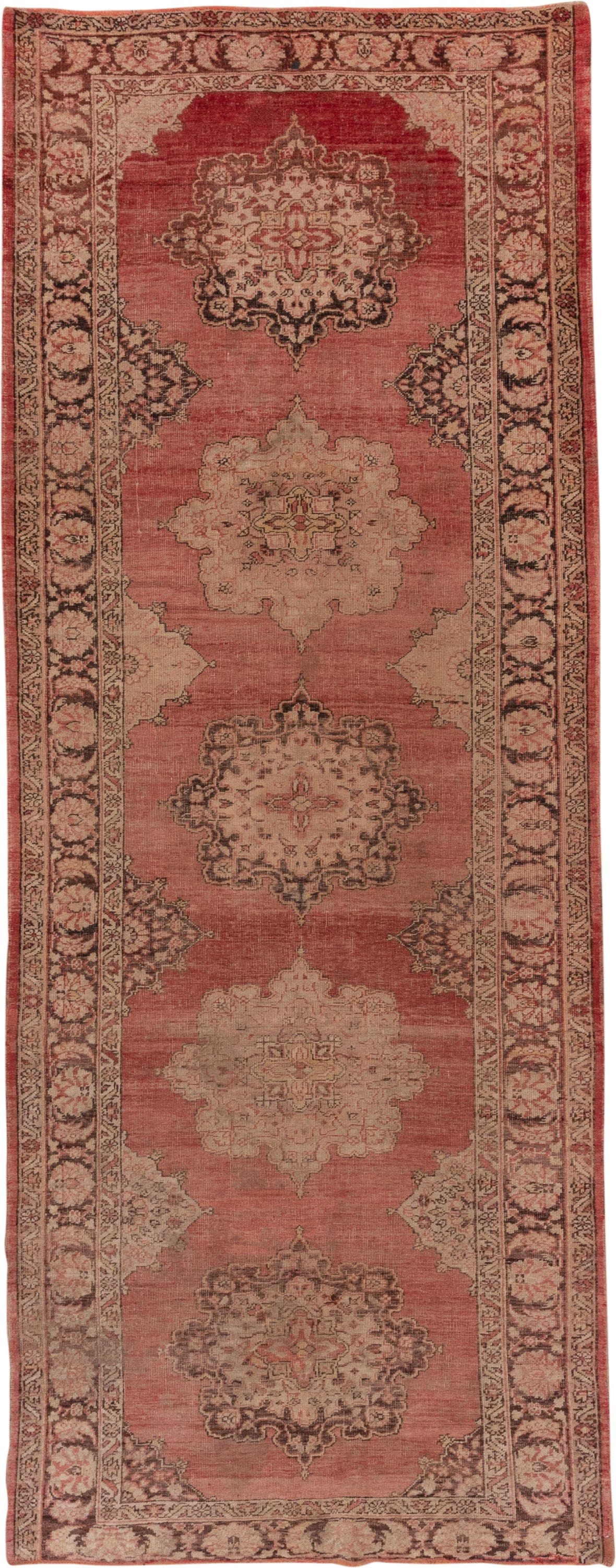 5' x 13' one-of-a-kind handmade vintage Oushak rug. Color palette: rose, blush, ivory, taupe, burgundy, brown, pink, red