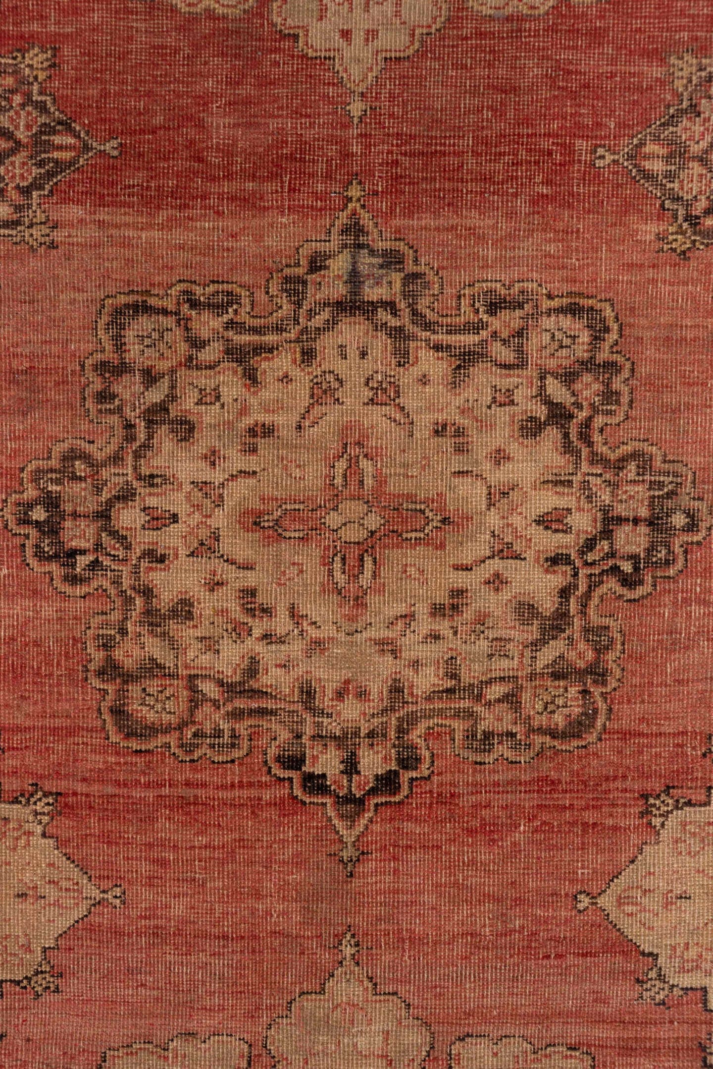 5' x 13' one-of-a-kind handmade vintage Oushak rug. Color palette: rose, blush, ivory, taupe, burgundy, brown, pink, red