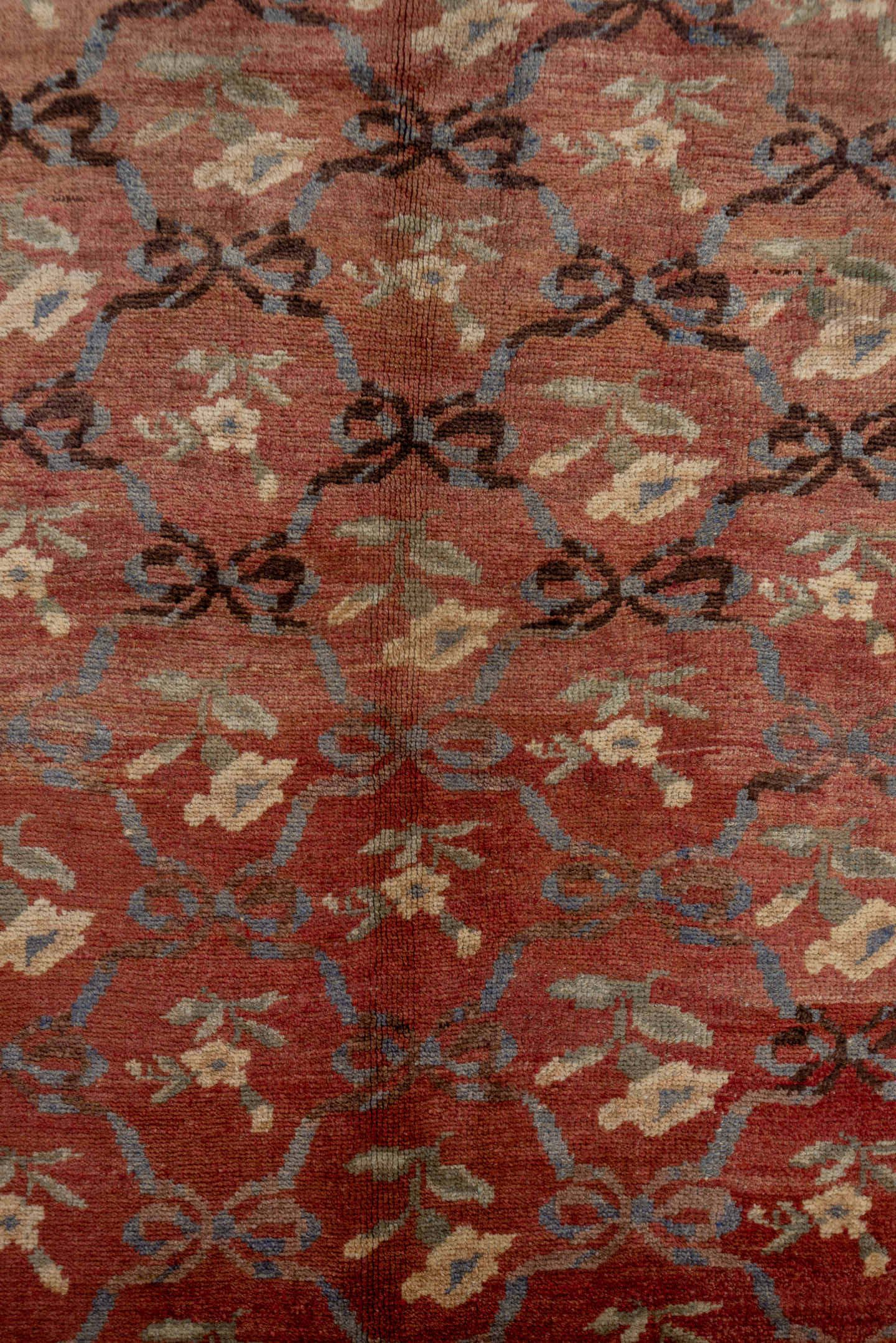 5' x 11' one-of-a-kind handmade vintage Oushak rug. Color palette: terra cotta, rose, ivory, slate, charcoal, sage, rust